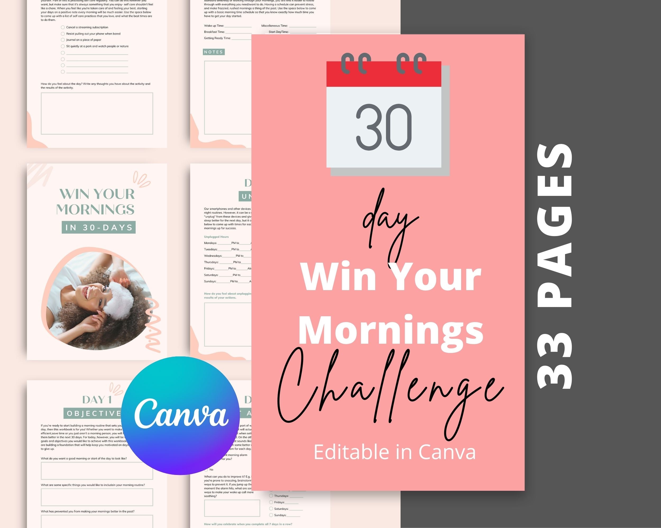 30-Day Win Your Mornings Challenge | Editable Canva Template A4 Size