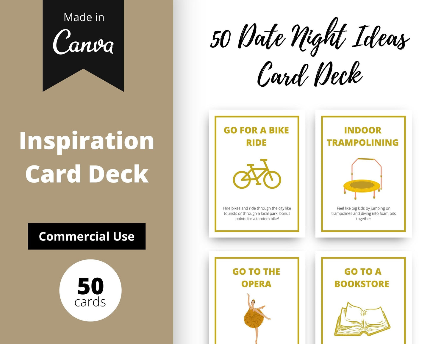 50 Date Night Ideas Cards | Canva Inspirational Cards | Commercial Use