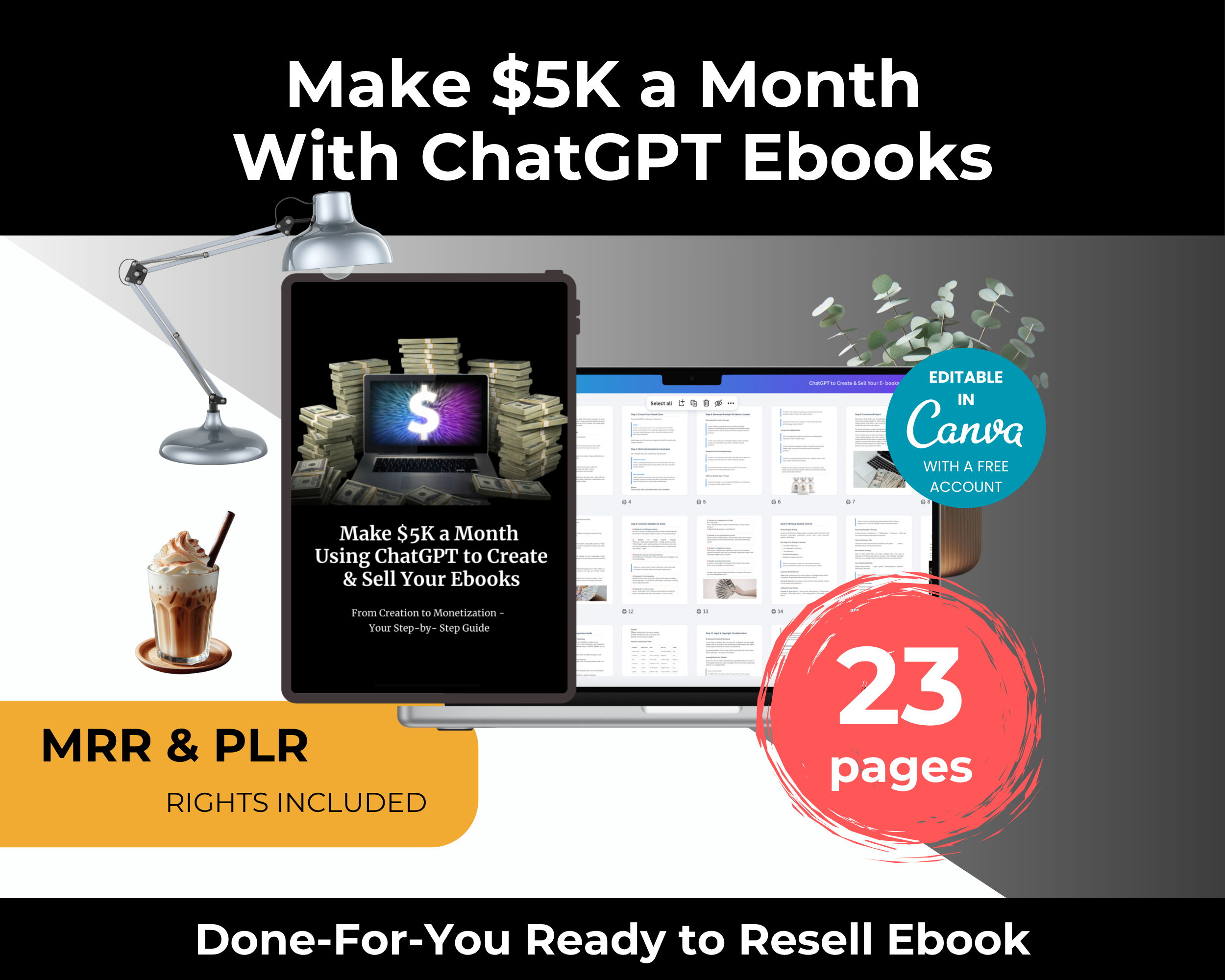 $5K a Month ChatGPT Ebooks Guide in Canva with PLR, MRR Rights