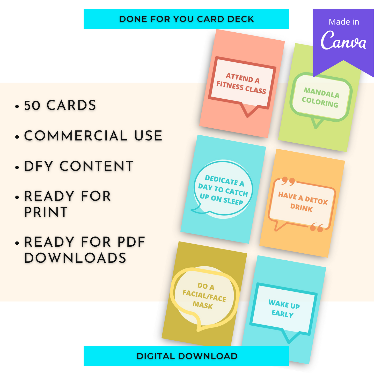 50 Self-Care Ideas Cards | Canva Inspirational Cards | Commercial Use