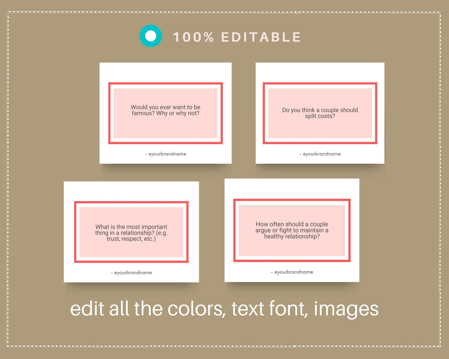 52 Questions To Know Your Love Partner Cards | Canva Inspirational Cards | Commercial Use