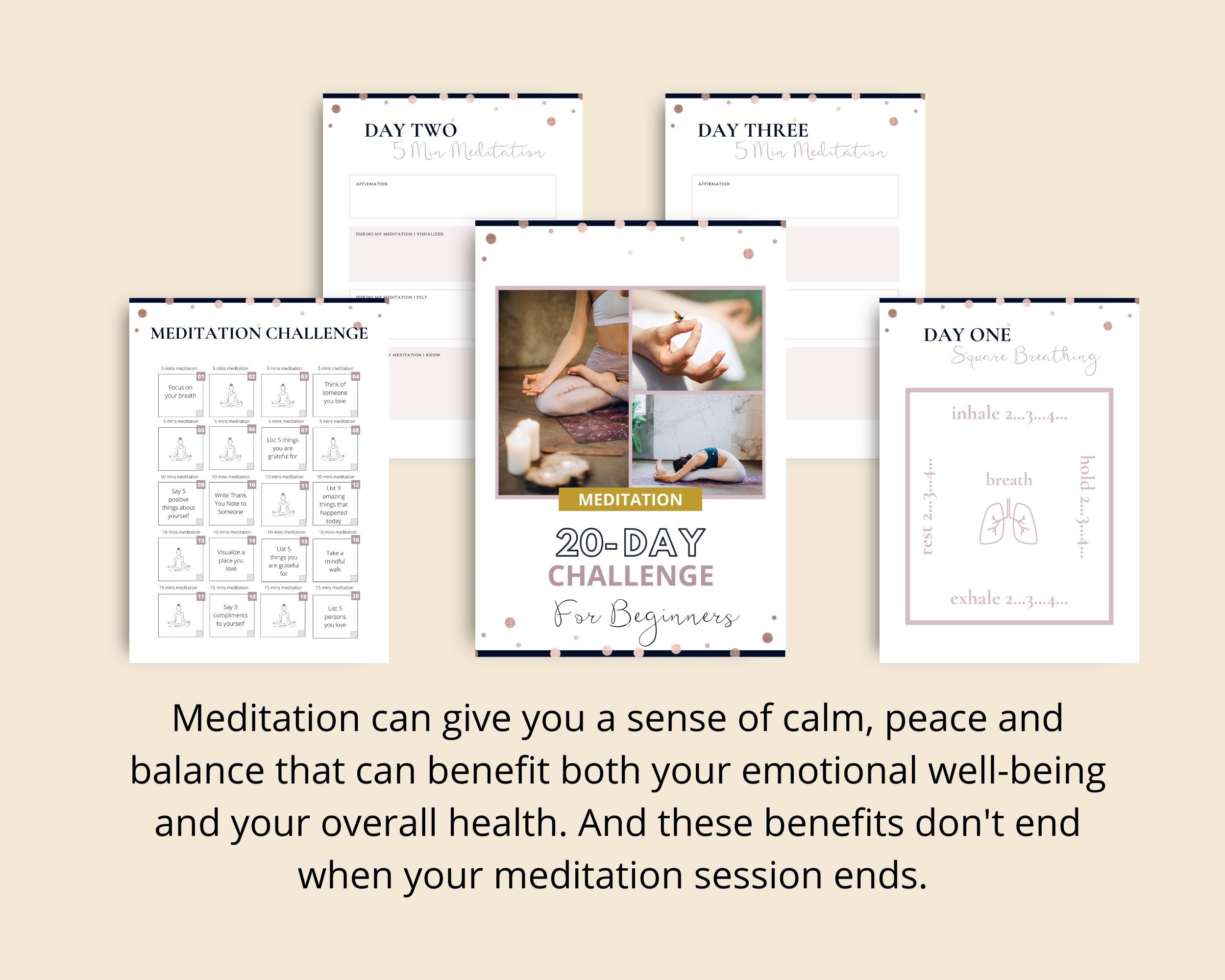 20 Days Meditation Challenge | Meditation Challenge Plan for Beginners | Editable Canva Template A4 Size