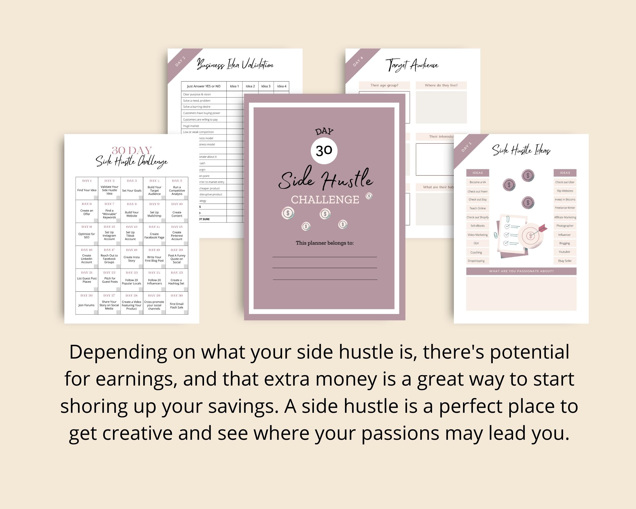 30 Day Side Hustle Challenge | Work From Home Journal | Solopreneur Planner | Editable Canva Template A4 Size