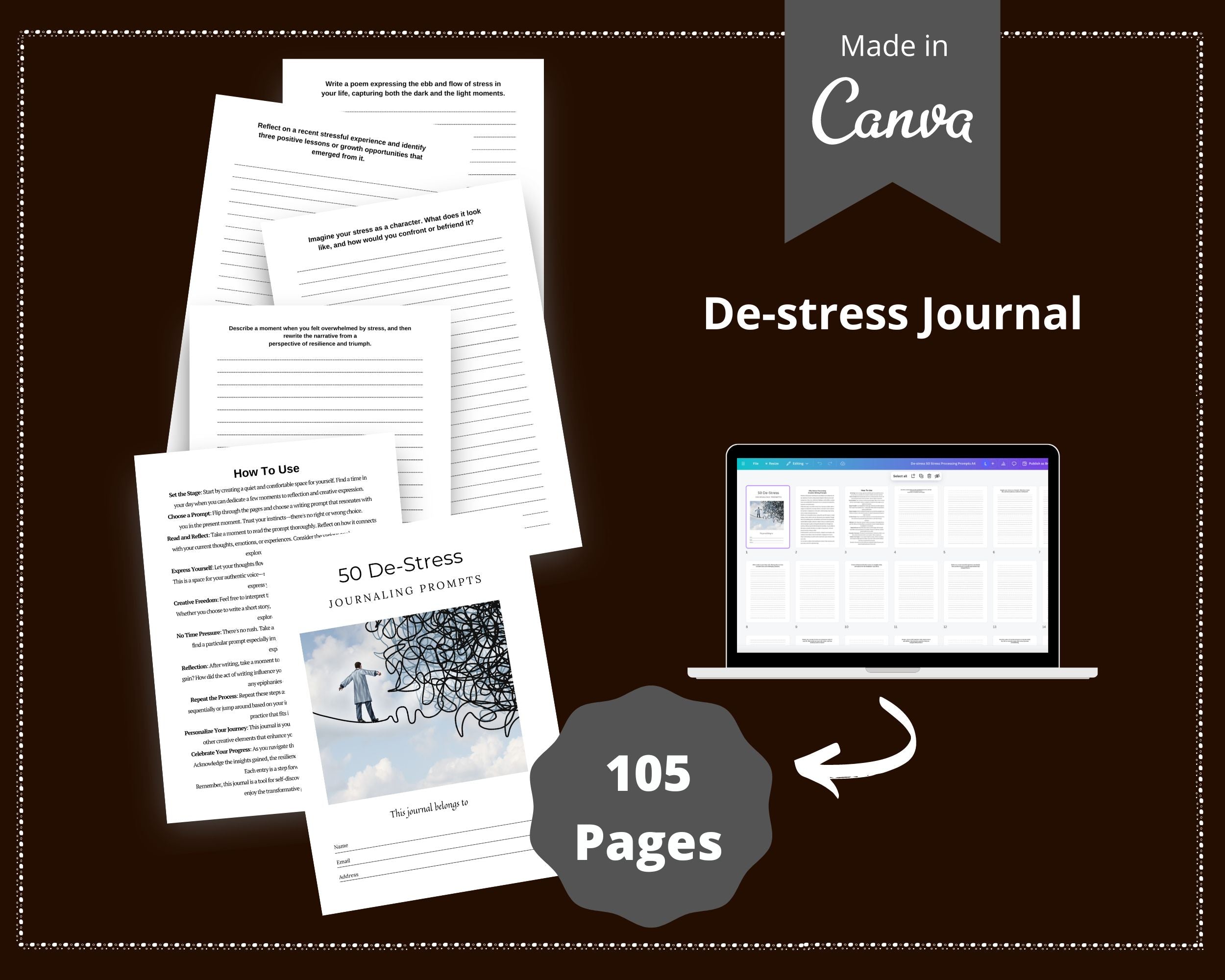 De-Stress Journaling Prompts in Canva | Canva Template Pack | Commercial Use