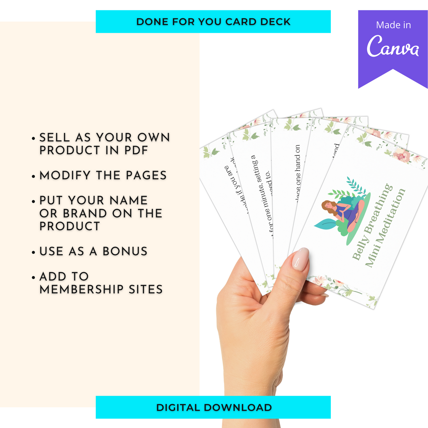 Belly Breathing Mini Meditation Card Deck | Editable 7 Card Deck in Canva | Commercial Use