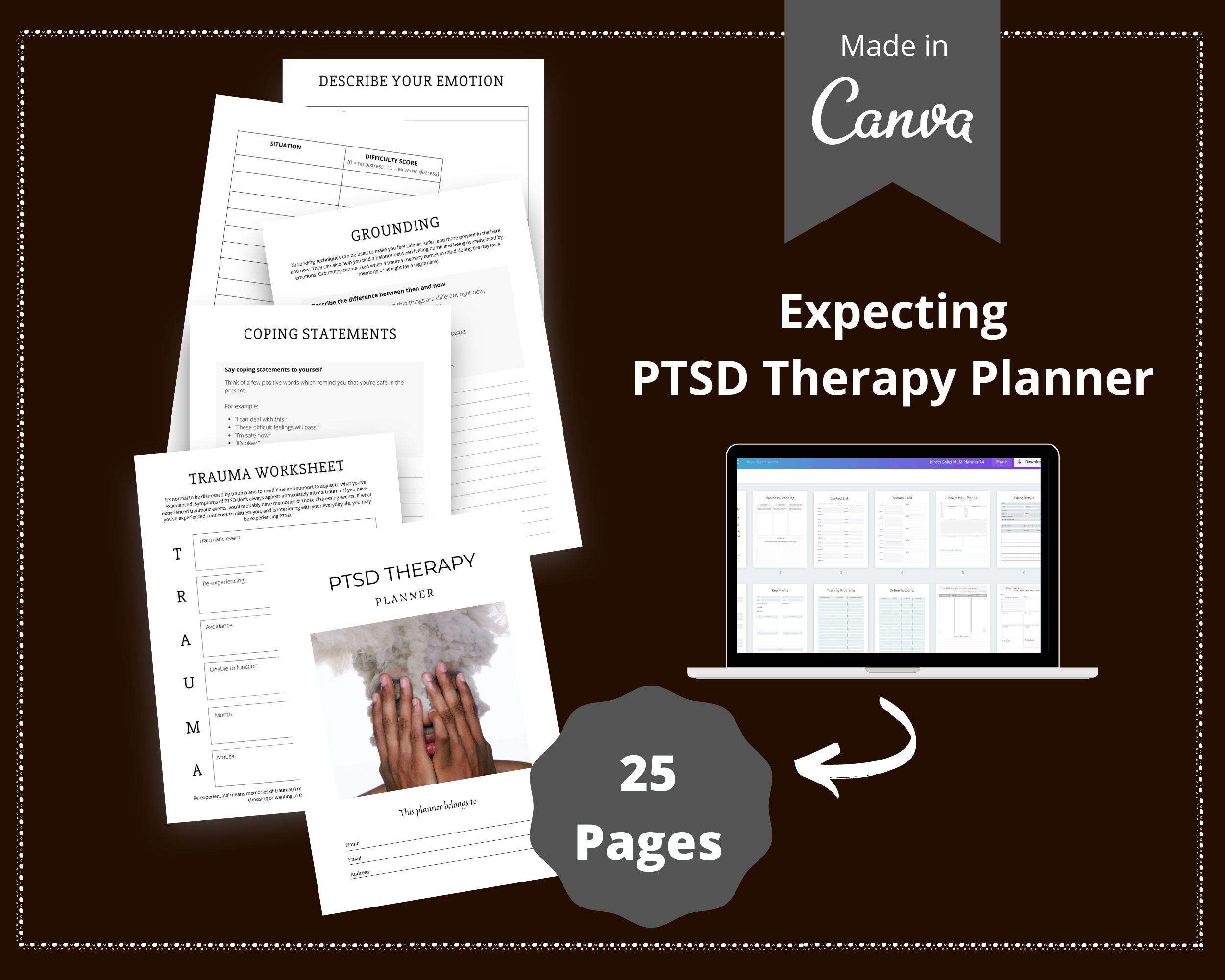 Editable PTSD Therapy Planner in Canva | Commercial Use