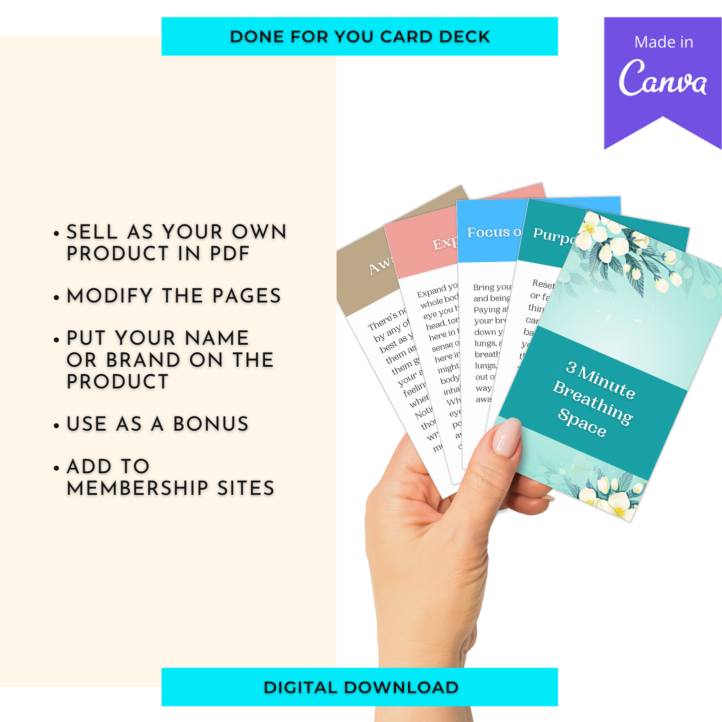 3 Minute Breathing Space Meditation Card Deck | Editable 9 Card Deck in Canva | Commercial Use