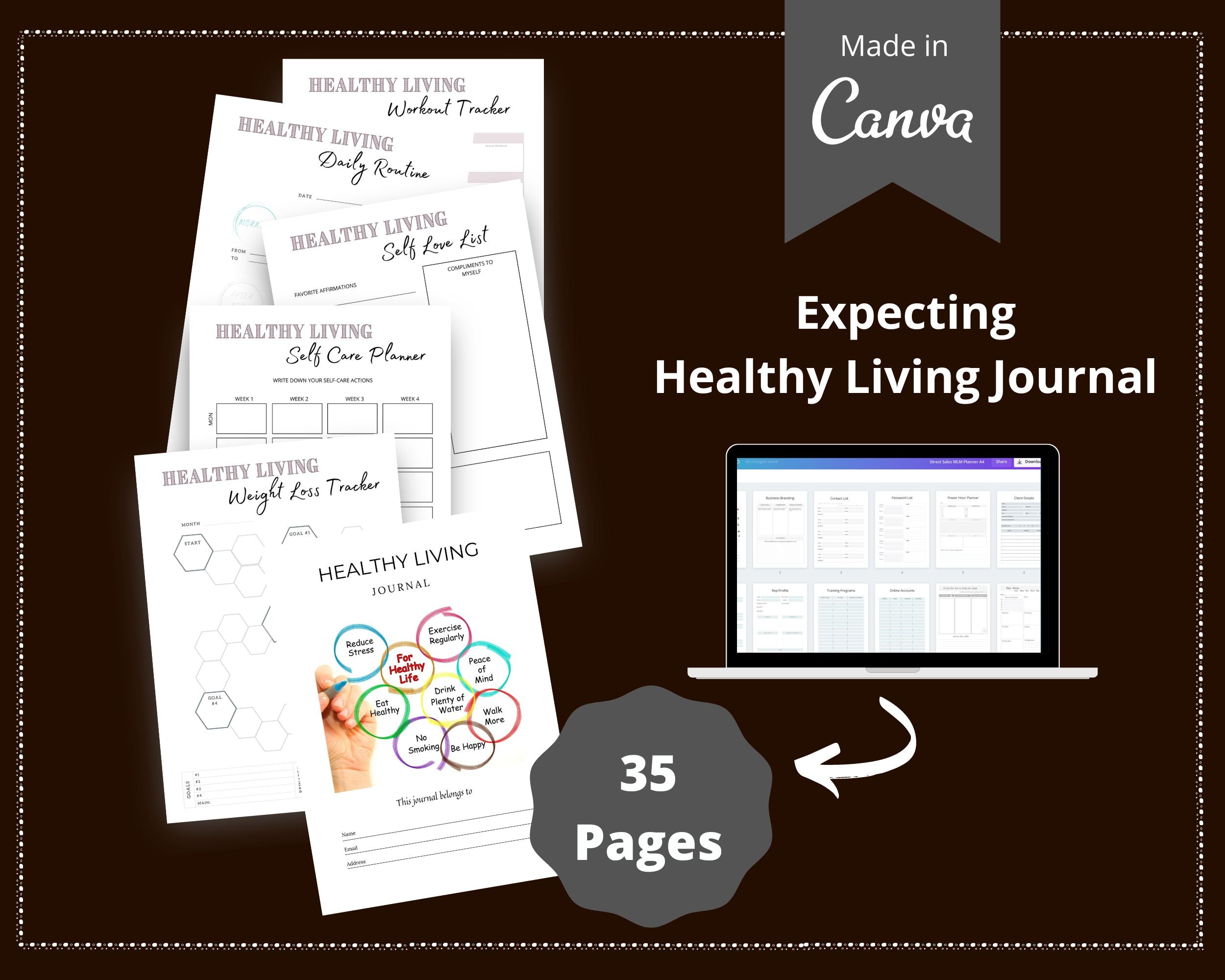Healthy Living Journal in Canva | Canva Template Pack | Healthy Living Planner Template | Commercial Use