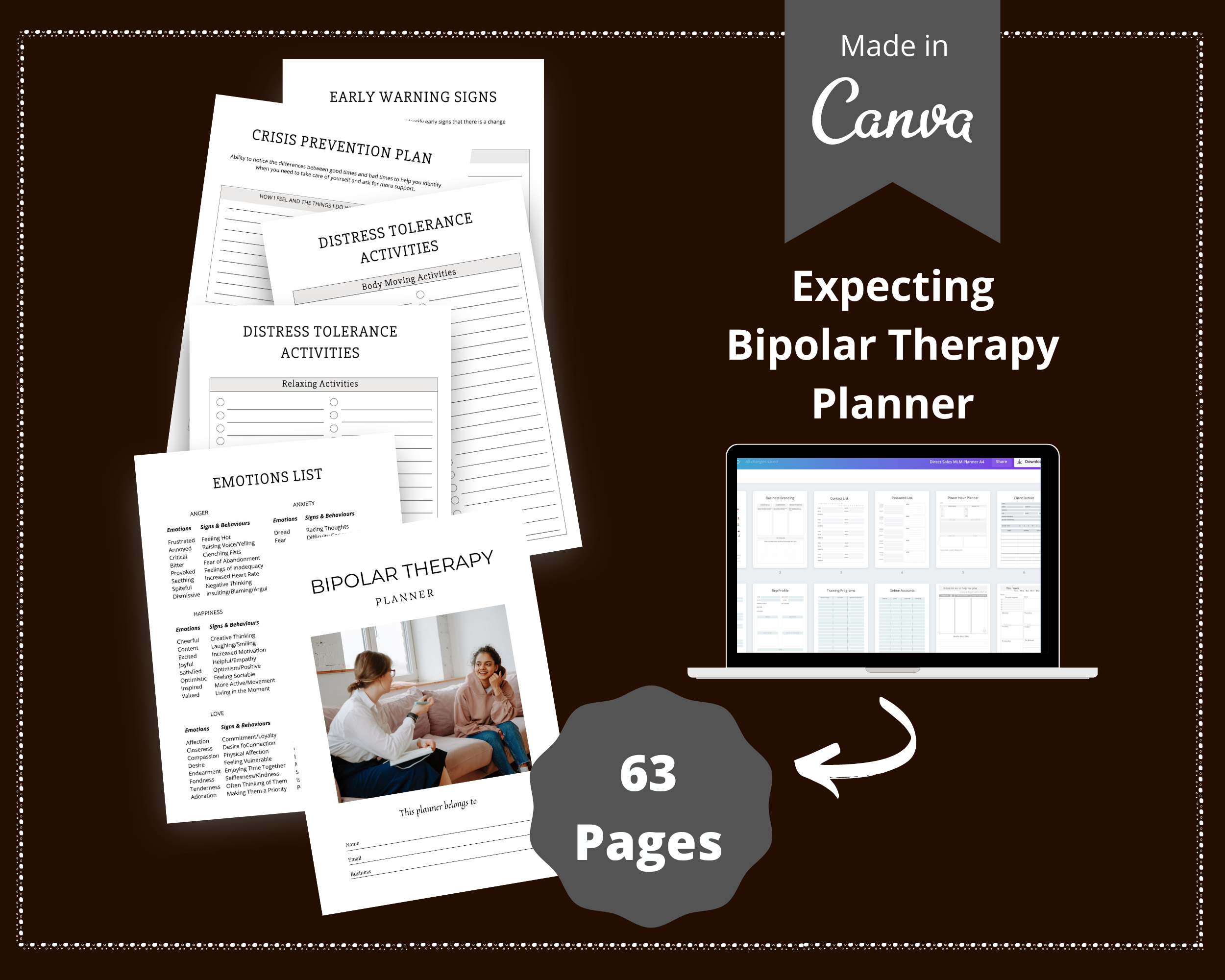 Editable Bipolar Therapy Planner in Canva | Commercial Use