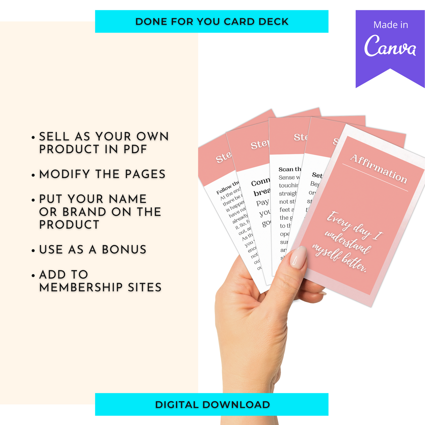 1 Minute Awareness Meditation Card Deck | Editable 6 Card Deck in Canva | Commercial Use