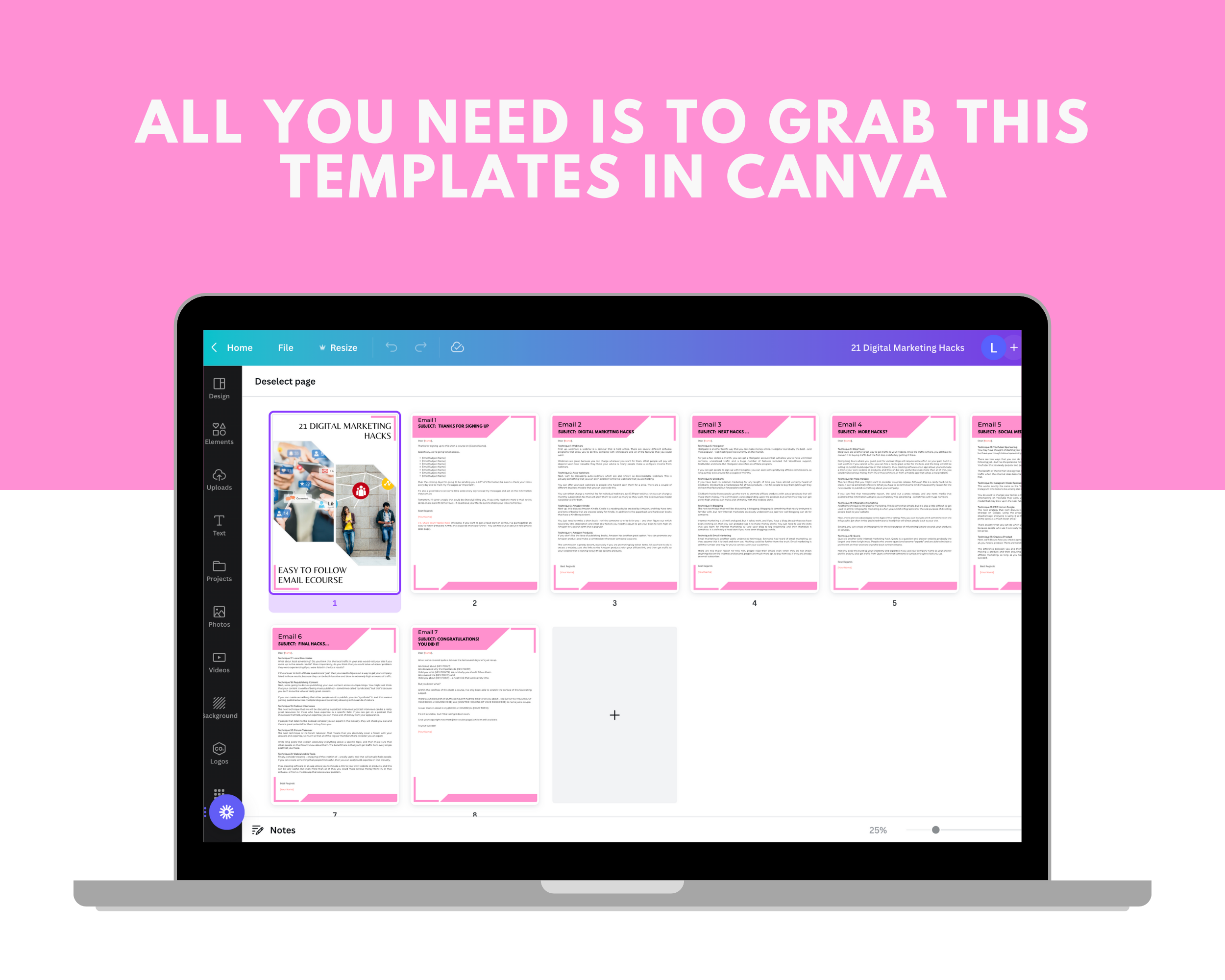 Editable 21 Digital Marketing Hacks Emails | Rebrandable Done-for-You eCourse