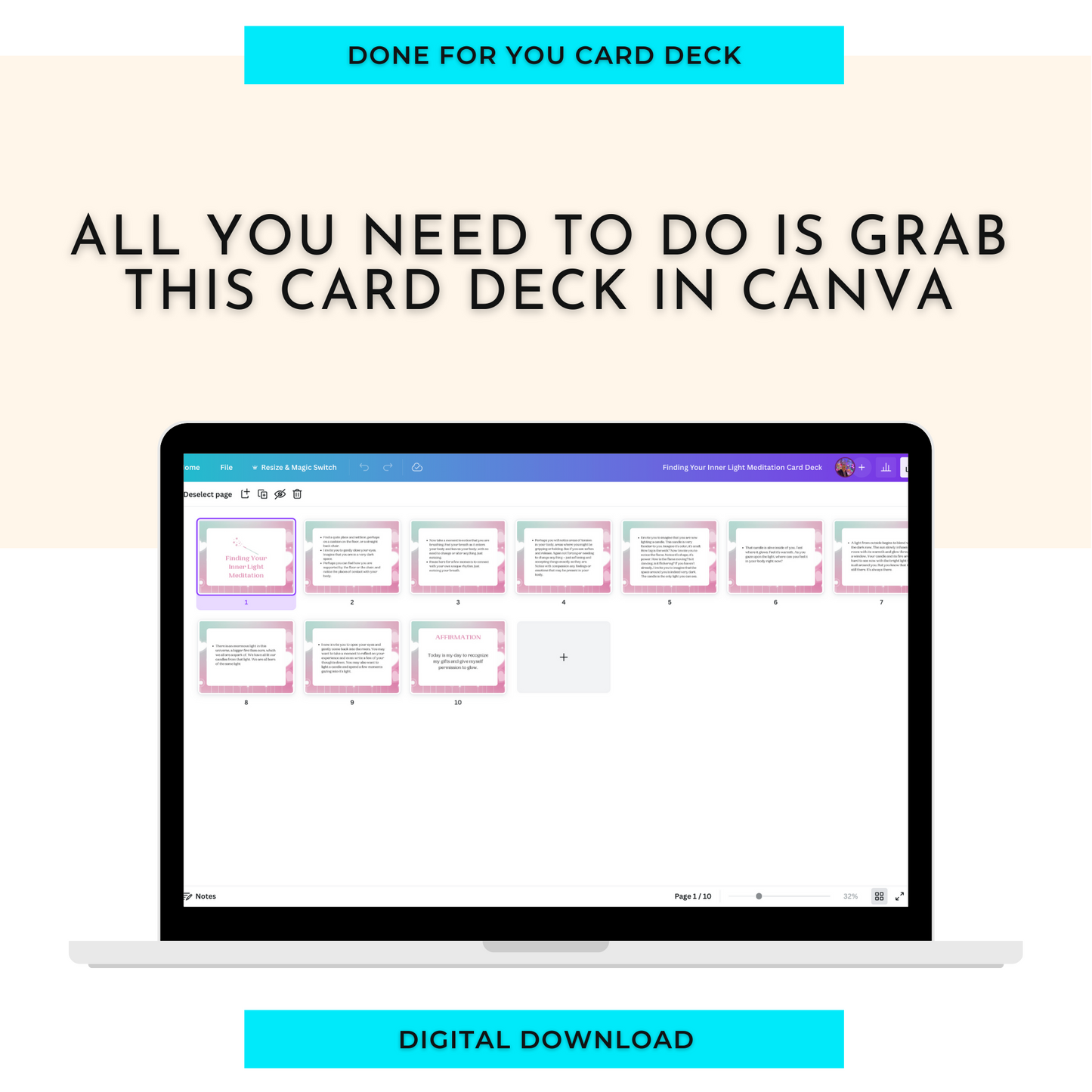Finding Inner Light Meditation Card Deck | Editable 10 Card Deck in Canva | Commercial Use
