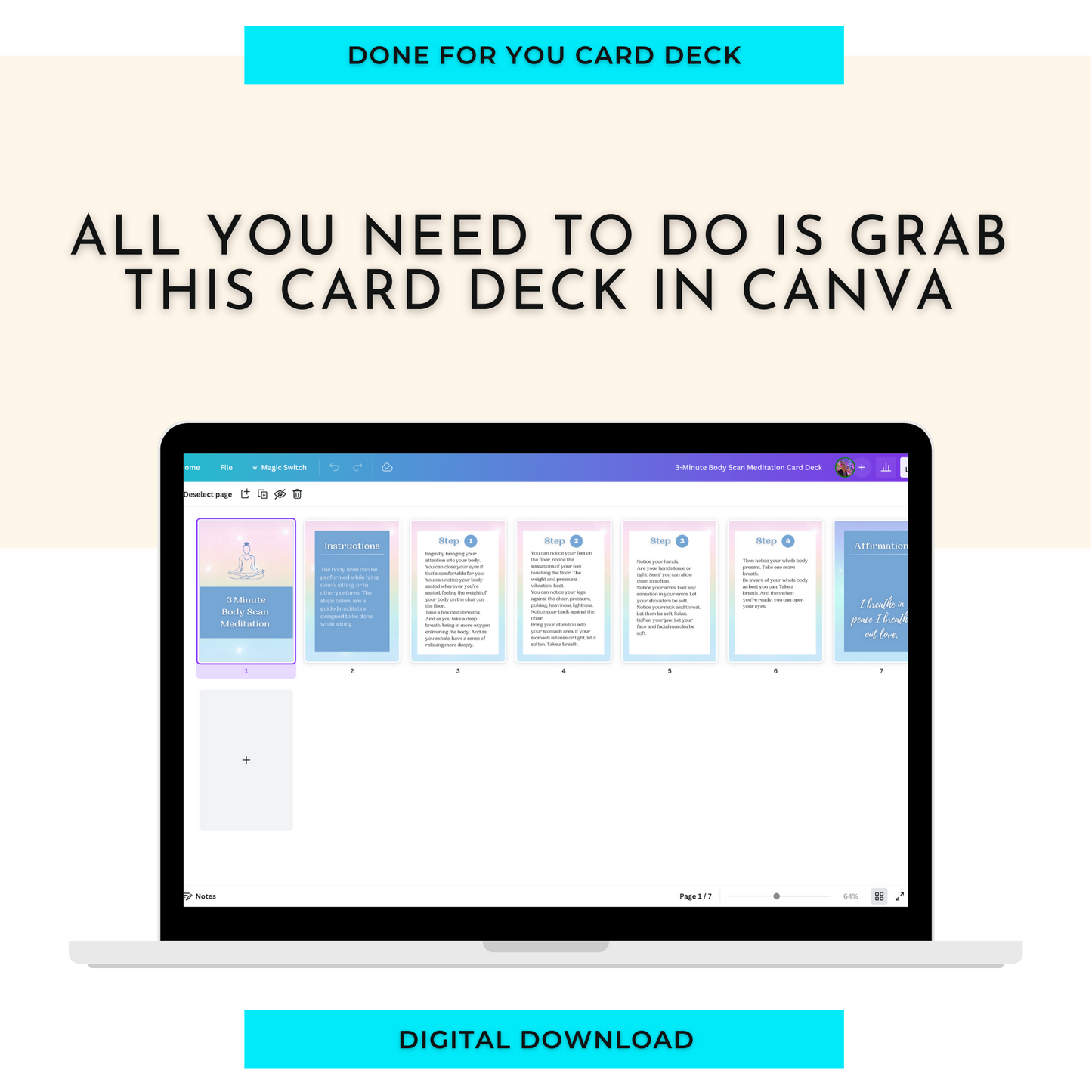 3 Minute Body Scan Meditation Card Deck | Editable 7 Card Deck in Canva | Commercial Use