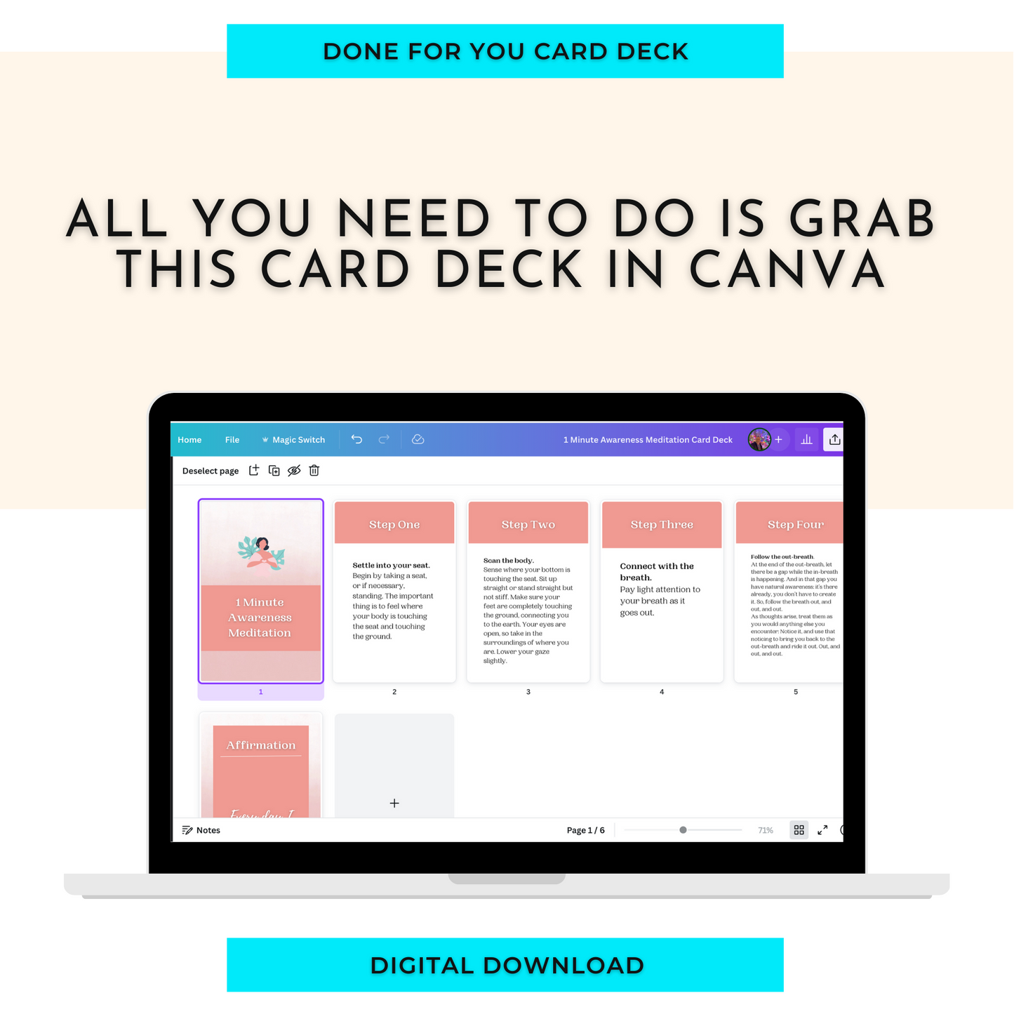 1 Minute Awareness Meditation Card Deck | Editable 6 Card Deck in Canva | Commercial Use
