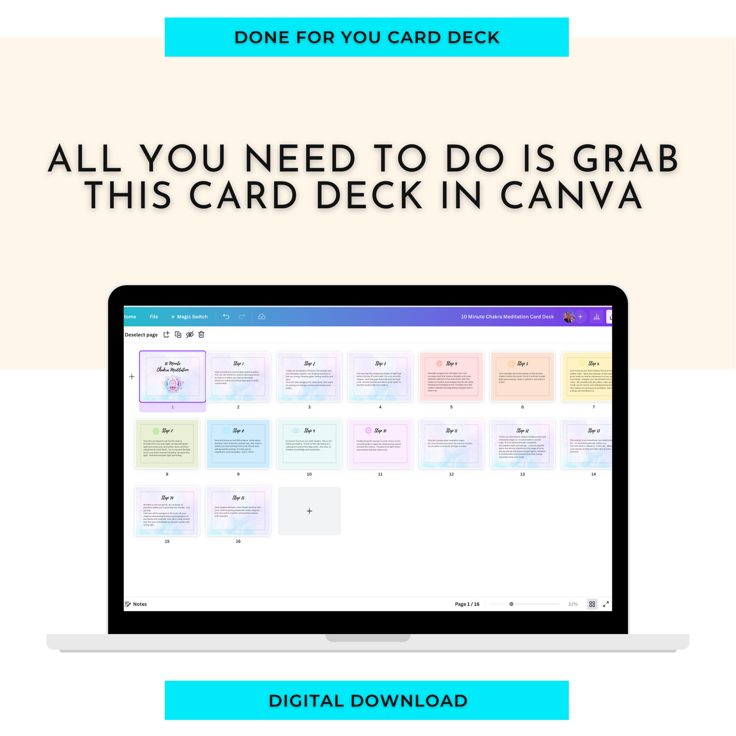 10 Minute Chakra Meditation Card Deck | Editable 16 Card Deck in Canva | Commercial Use