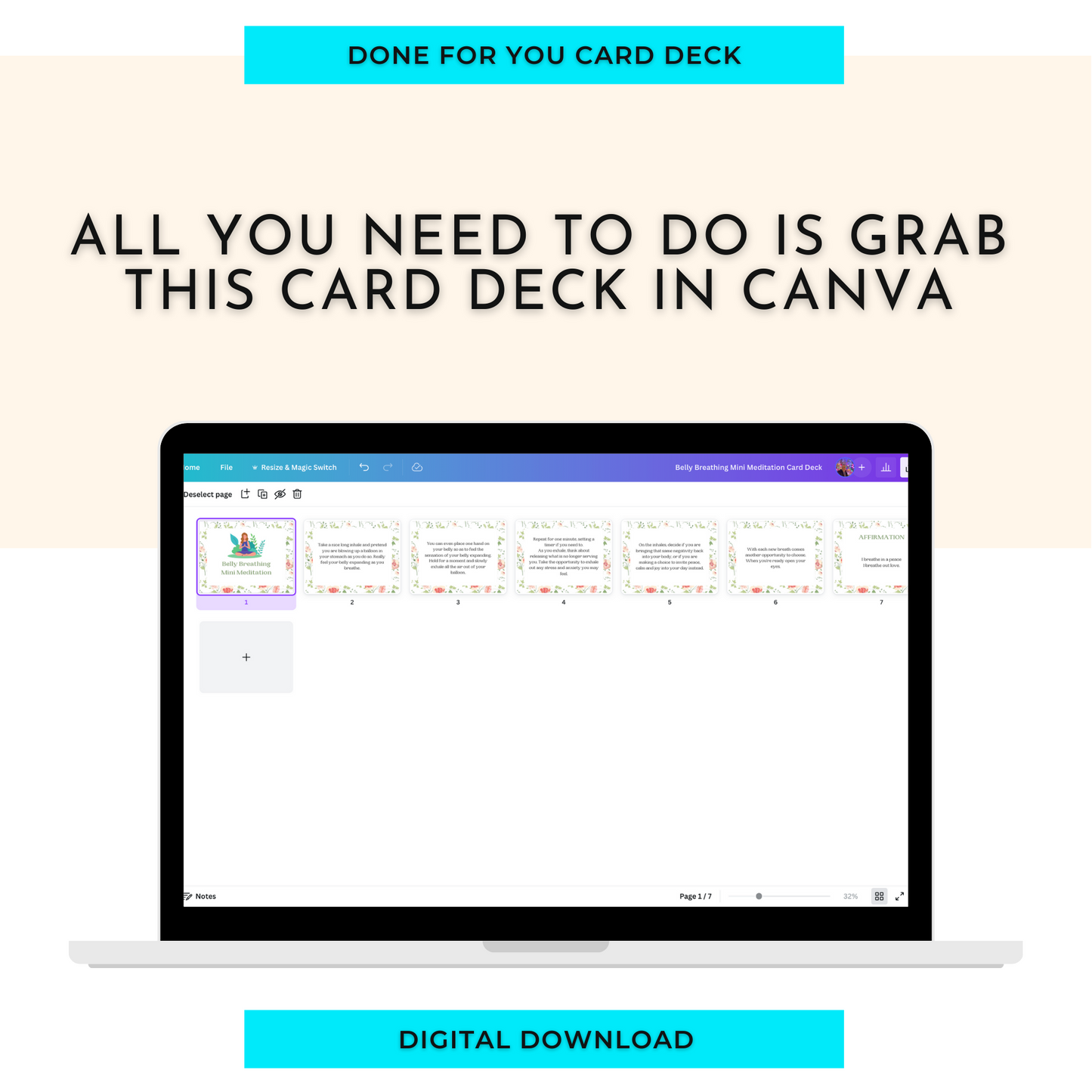 Belly Breathing Mini Meditation Card Deck | Editable 7 Card Deck in Canva | Commercial Use