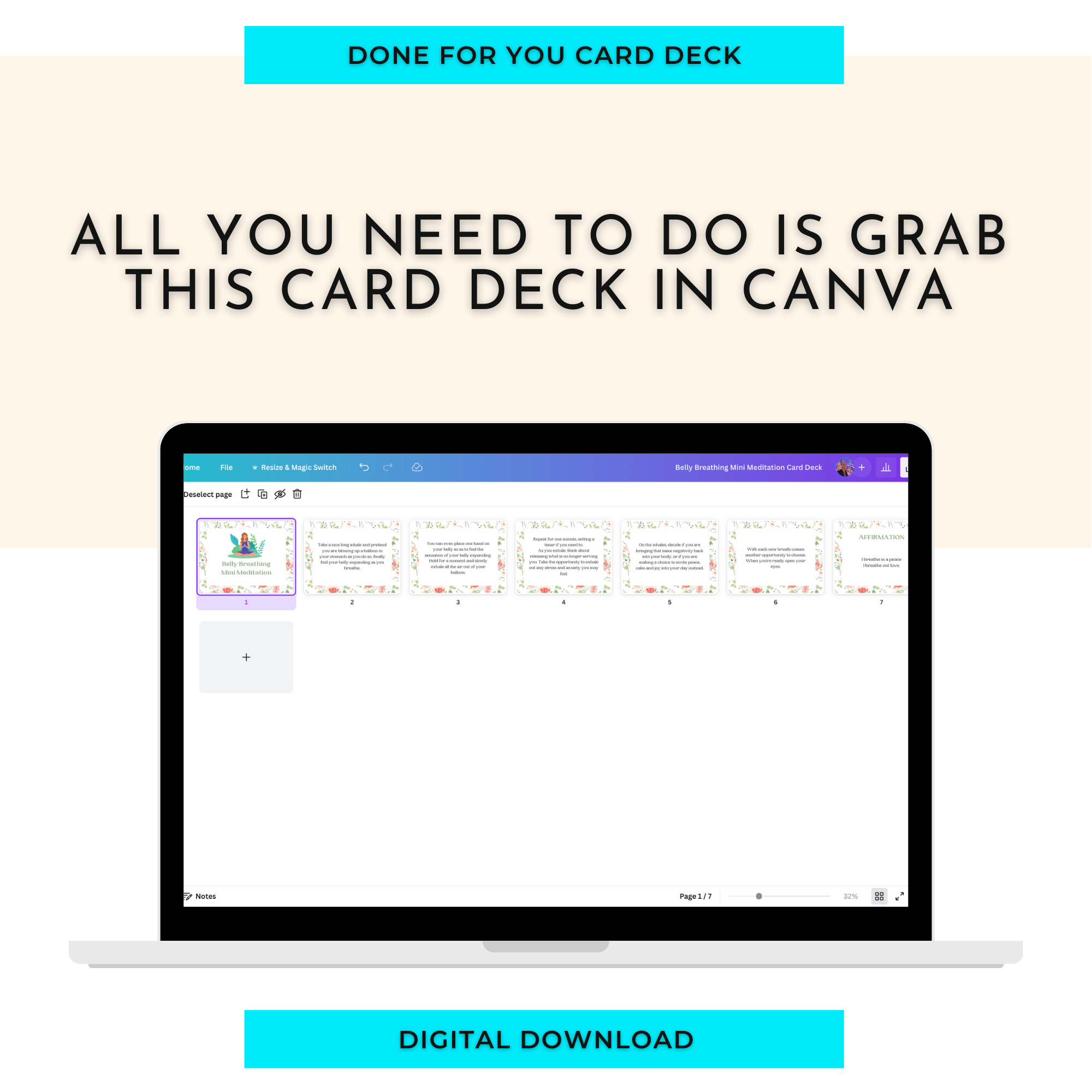 Belly Breathing Mini Meditation Card Deck | Editable 7 Card Deck in Canva | Commercial Use