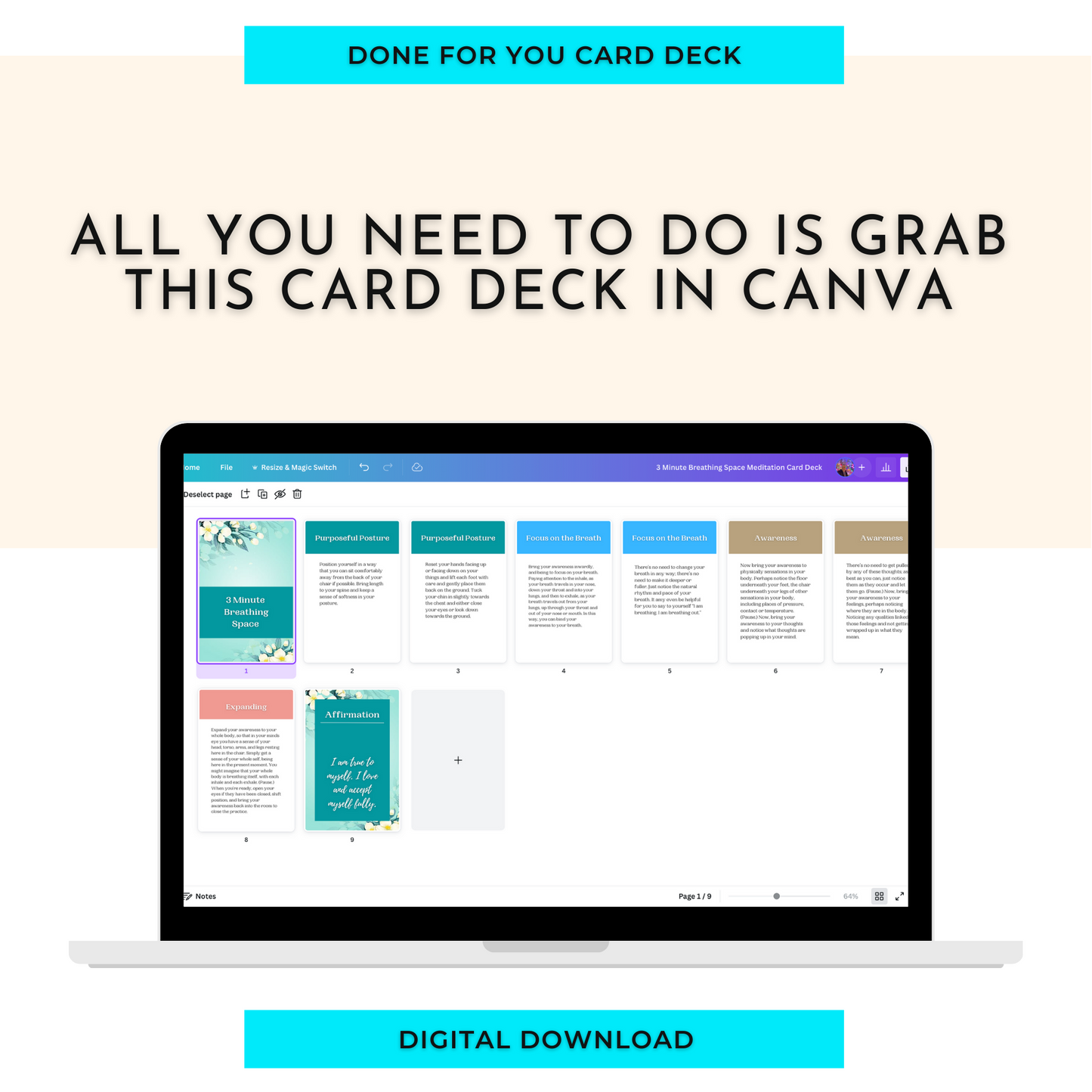 3 Minute Breathing Space Meditation Card Deck | Editable 9 Card Deck in Canva | Commercial Use