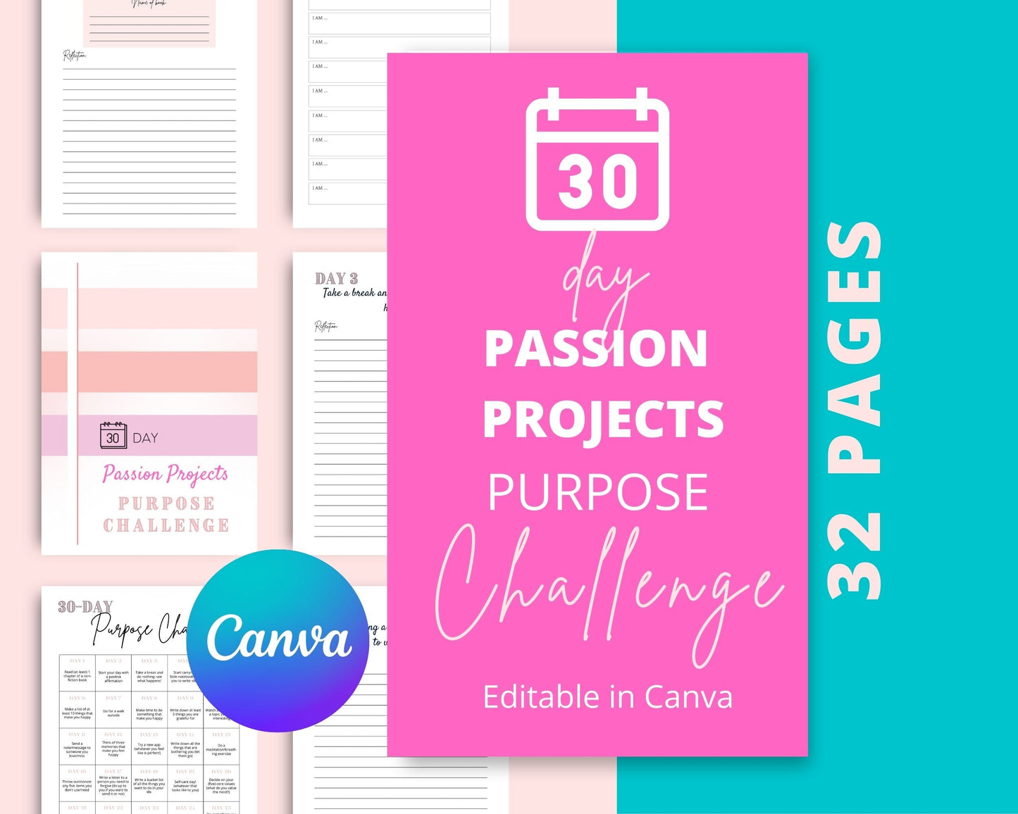 30-Day Passion Projects Purpose Challenge | Editable Canva Template A4 Size