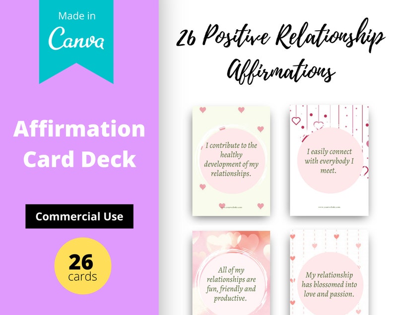 Relationship Affirmations Card Deck | Editable 26 Card Deck in Canva | Commercial Use