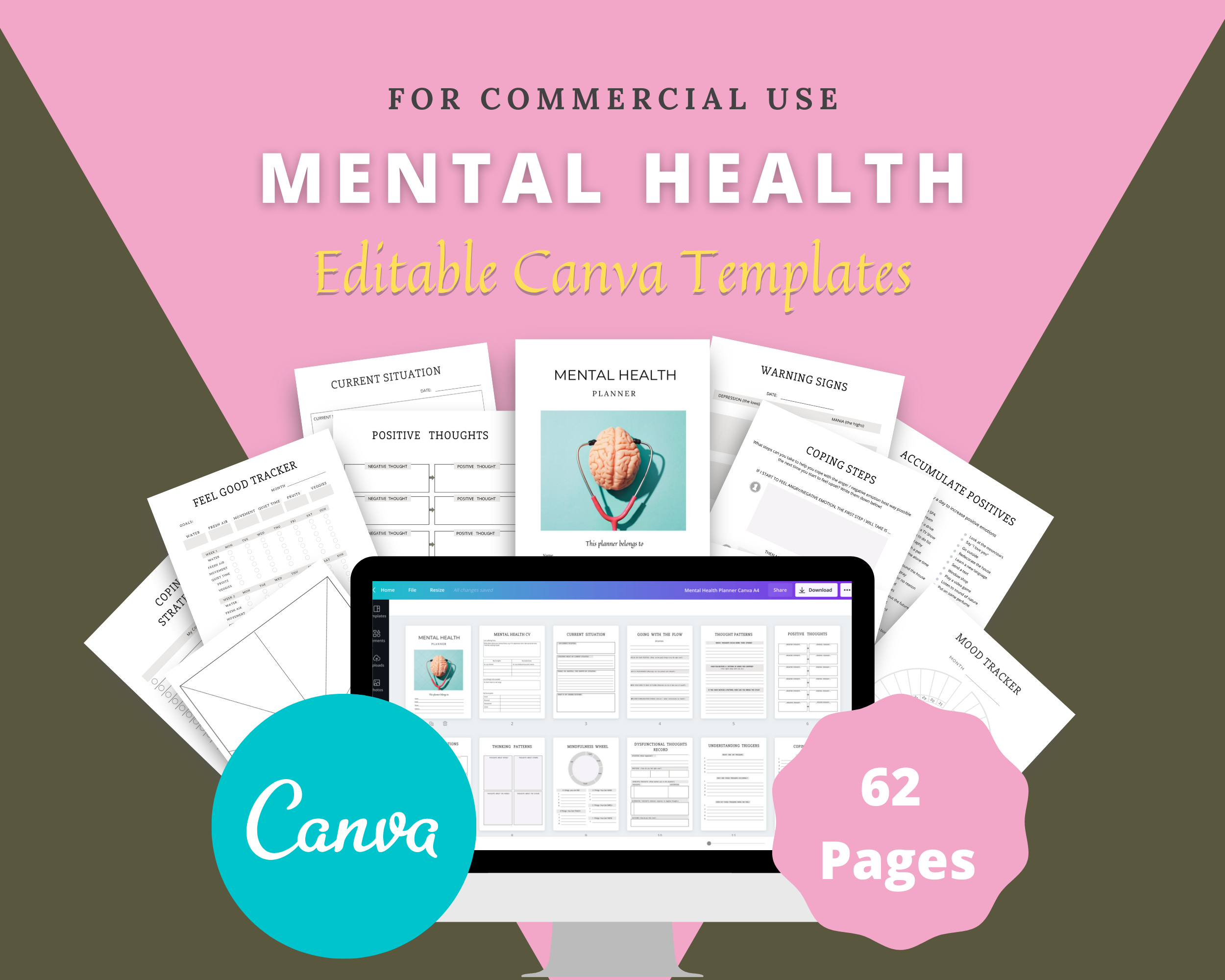 Editable Mental Health Therapy Planner in Canva | Commercial Use