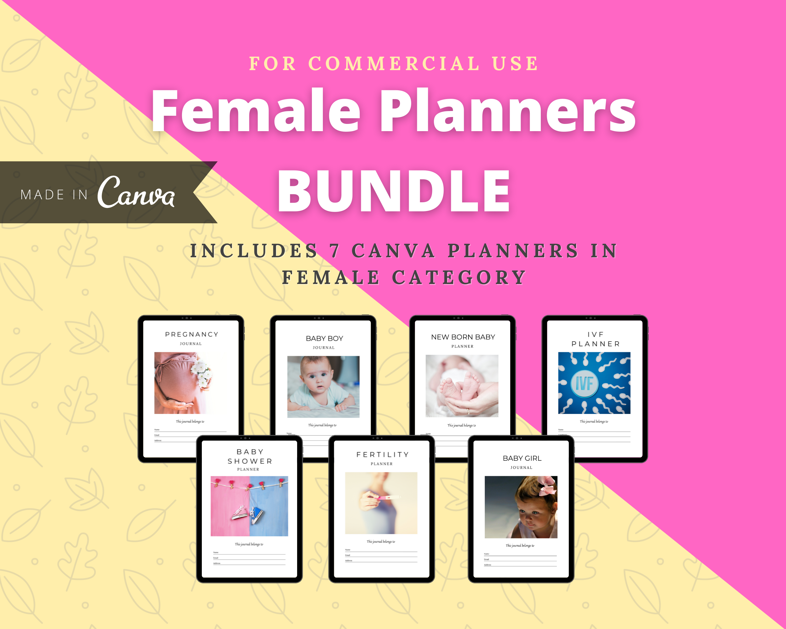 BUNDLE of 7 Female Planners in Canva | Customizable | Editable Canva Templates | Commercial Use | Pregnancy Planners