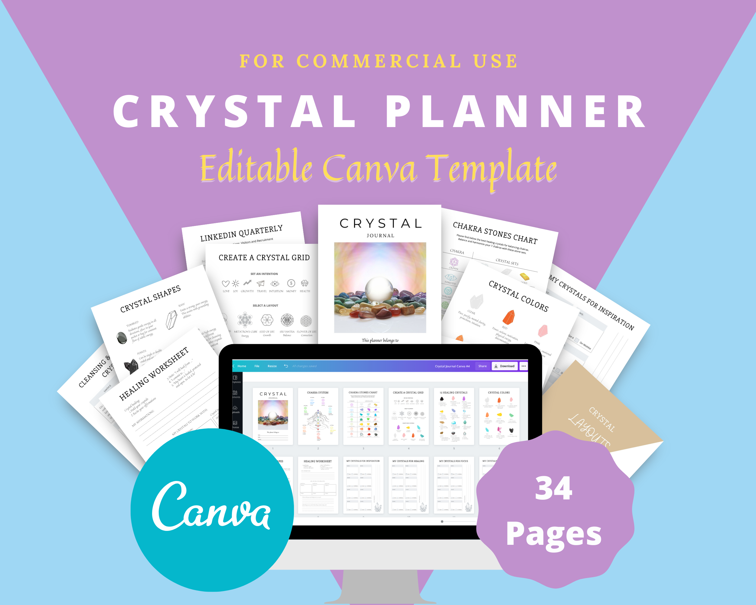 Editable Crystal Planner in Canva | Commercial Use