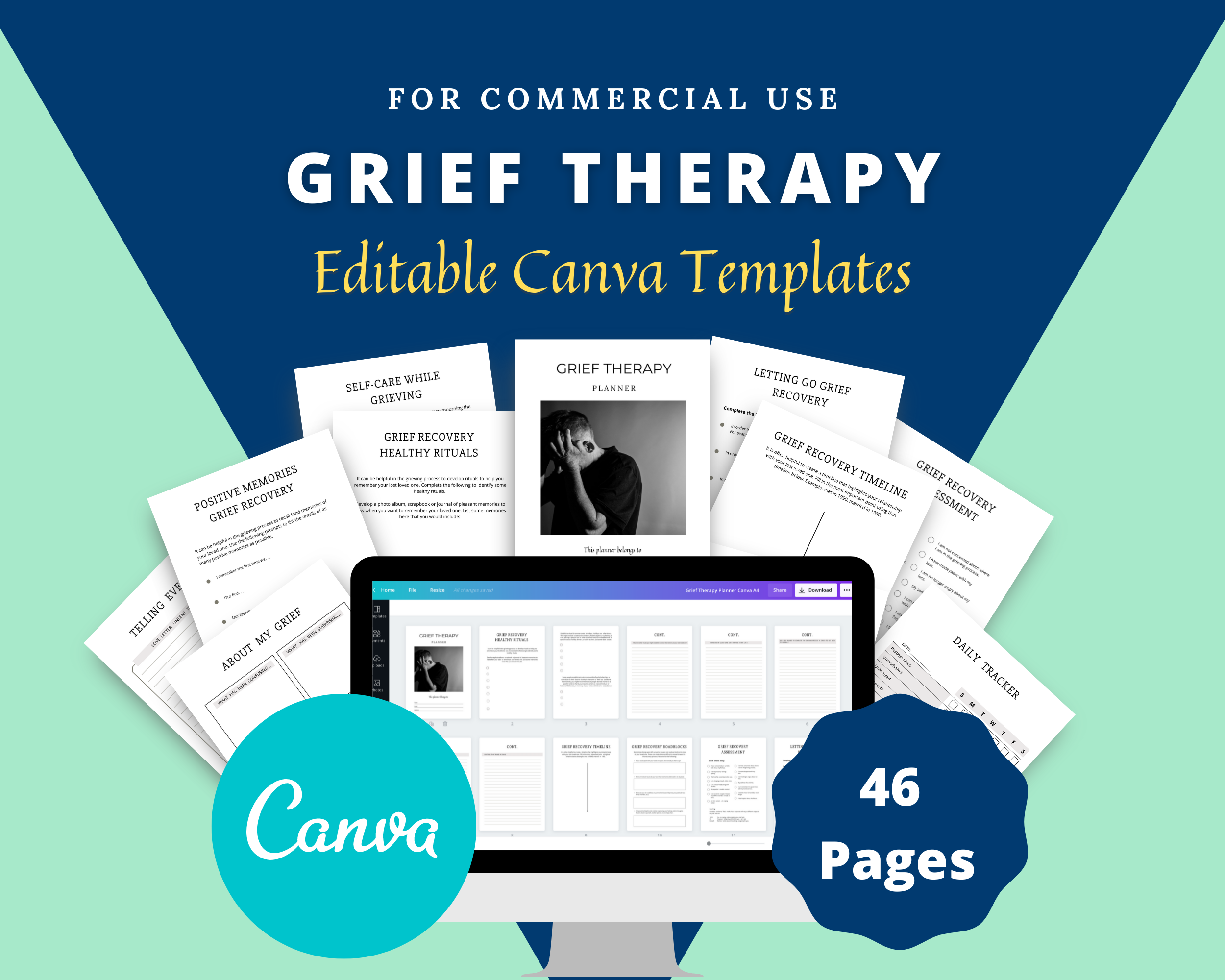 Editable Grief Therapy Planner in Canva | Commercial Use