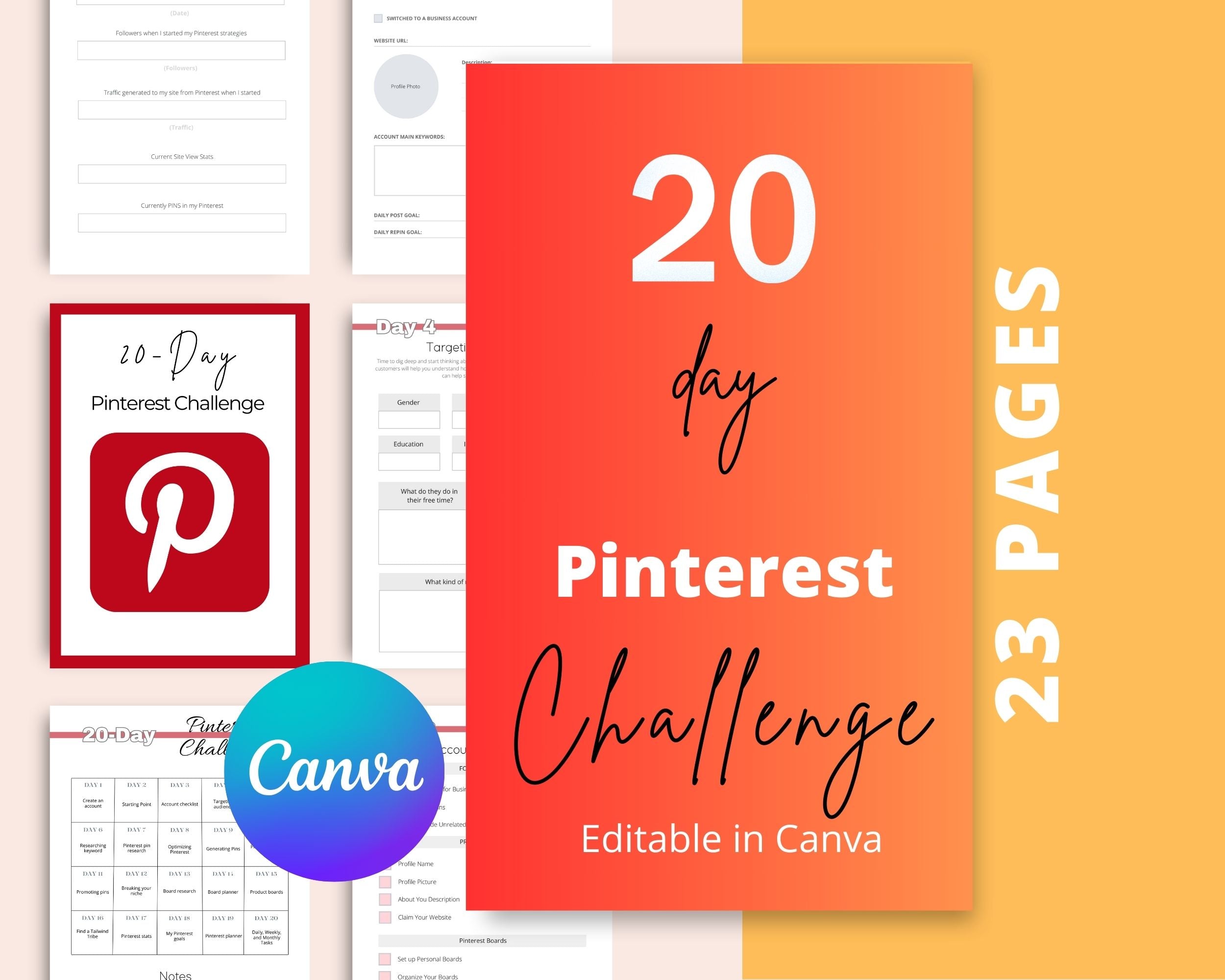 20-Day Pinterest Challenge | Editable Canva Template A4 Size