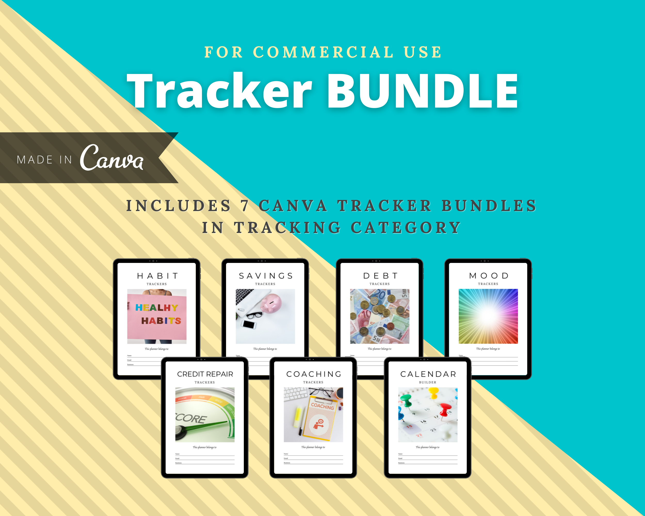 BUNDLE of 7 Tracker Bundles in Canva | Habit, Mood, Savings, Debt, Credit Score, Calendar Builder | Commercial Use