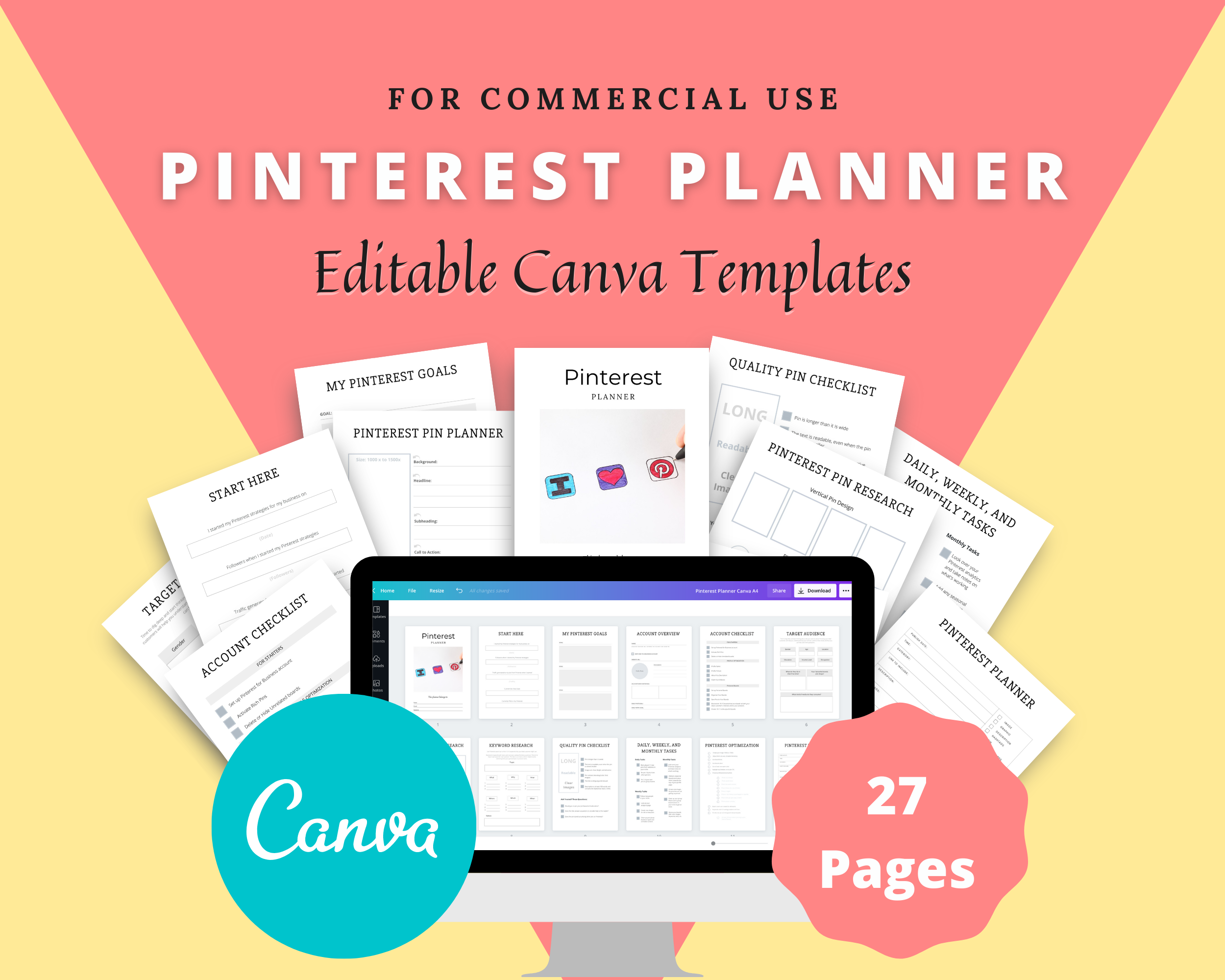 Editable Pinterest Planner Template in Canva | Commercial Use