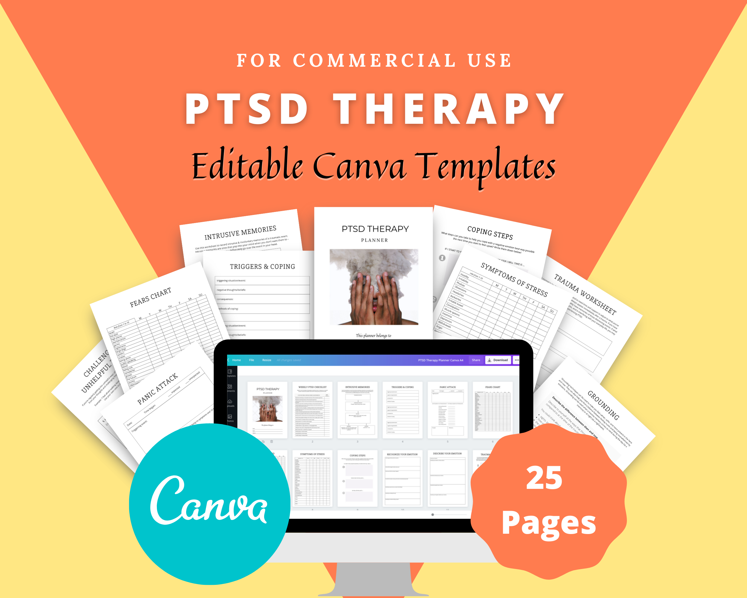 Editable PTSD Therapy Planner in Canva | Commercial Use