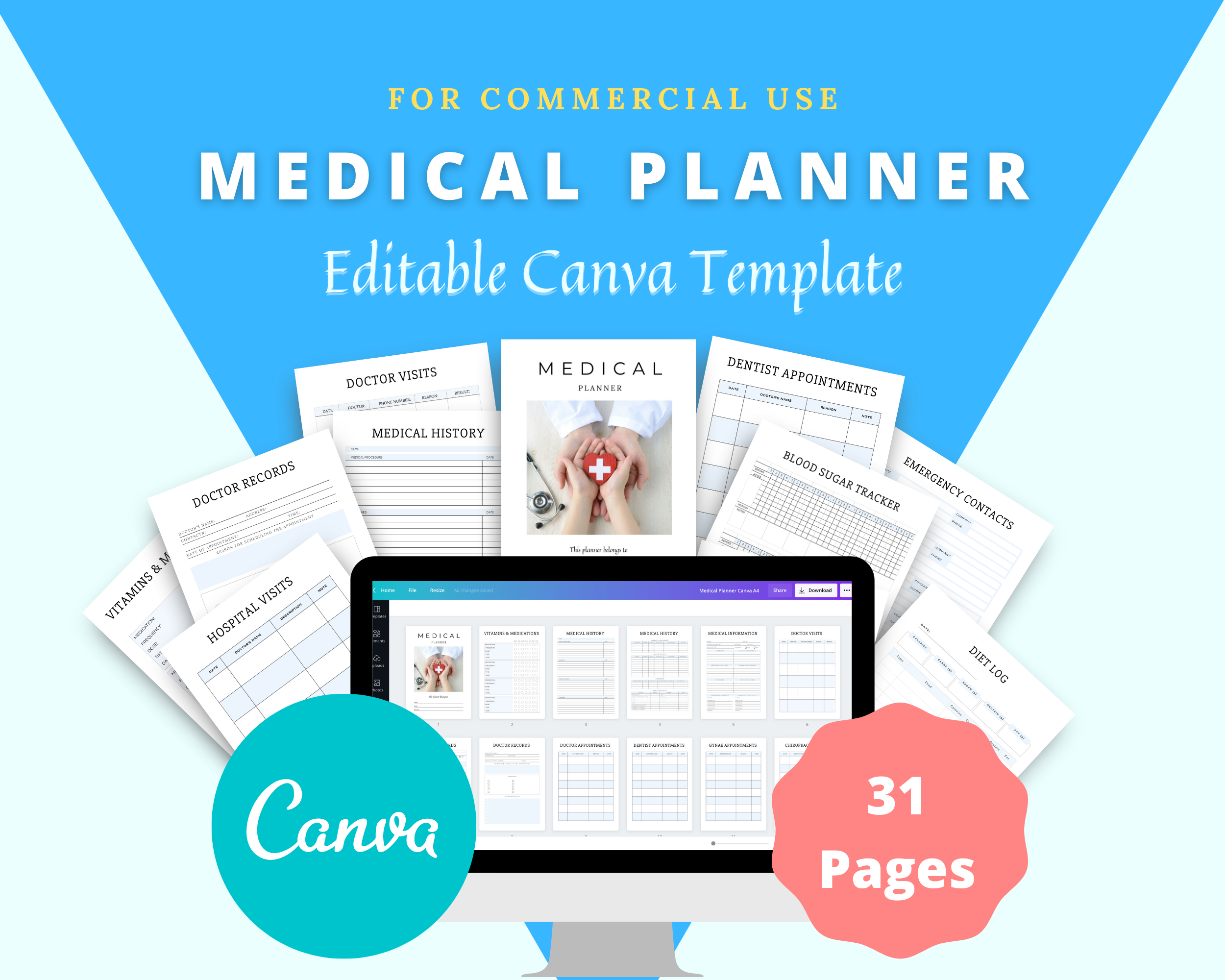 Editable Medical Planner in Canva | Commercial Use