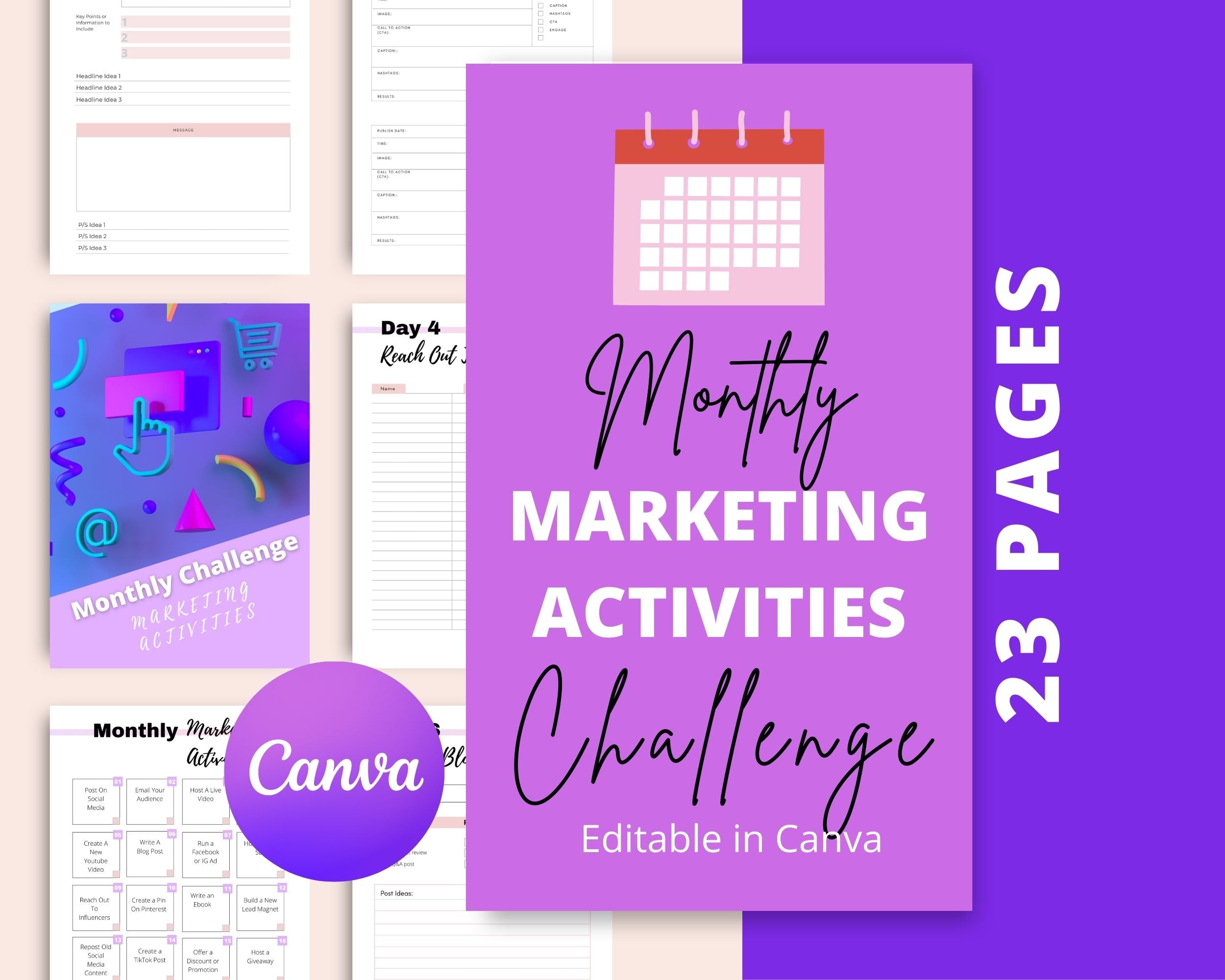 Monthly Marketing Activities Challenge | Editable Canva Template A4 Size