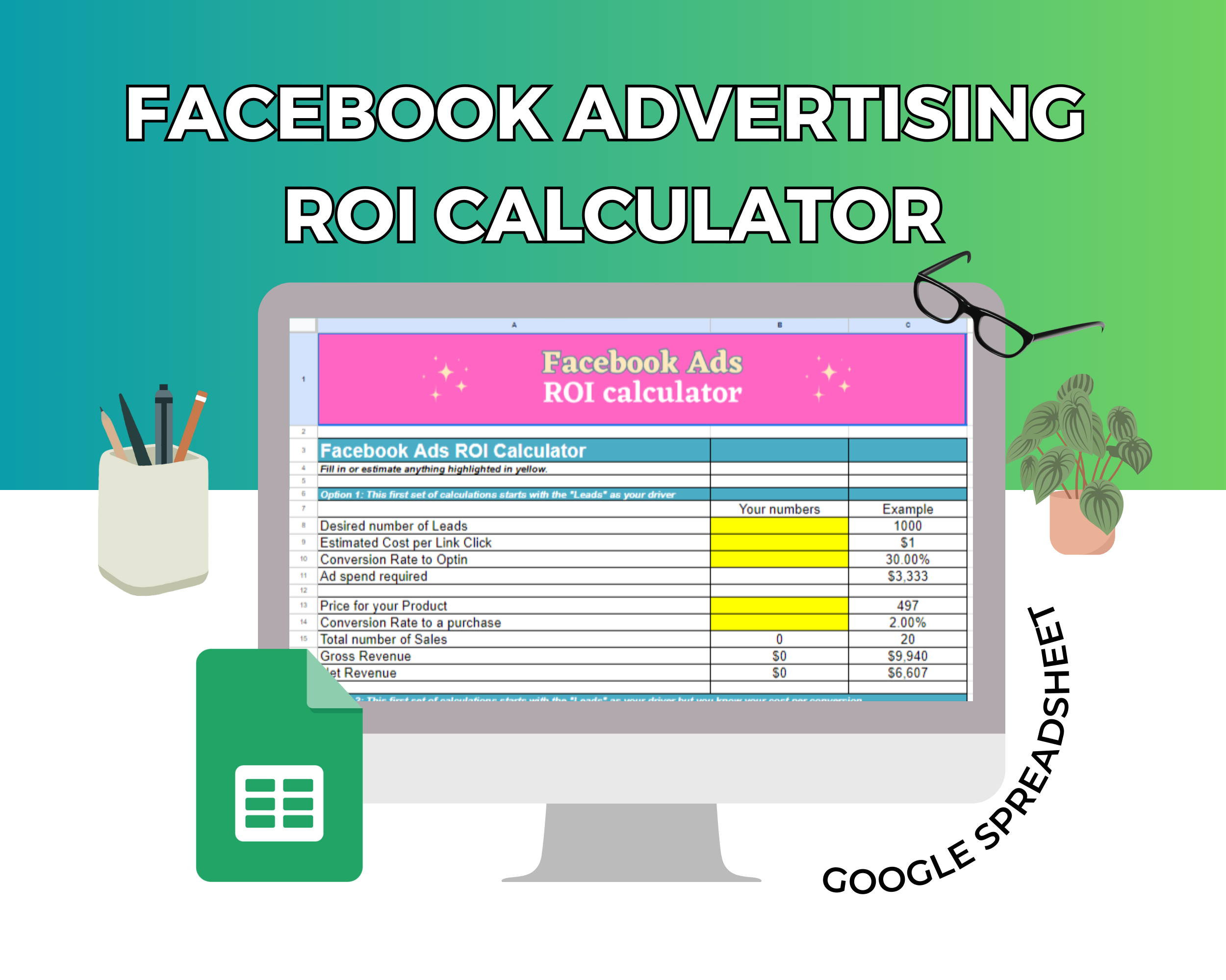 Facebook Advertising ROI Calculator  Google Spreadsheet | Simple Facebook Advertising ROI Calculator  Google Sheets