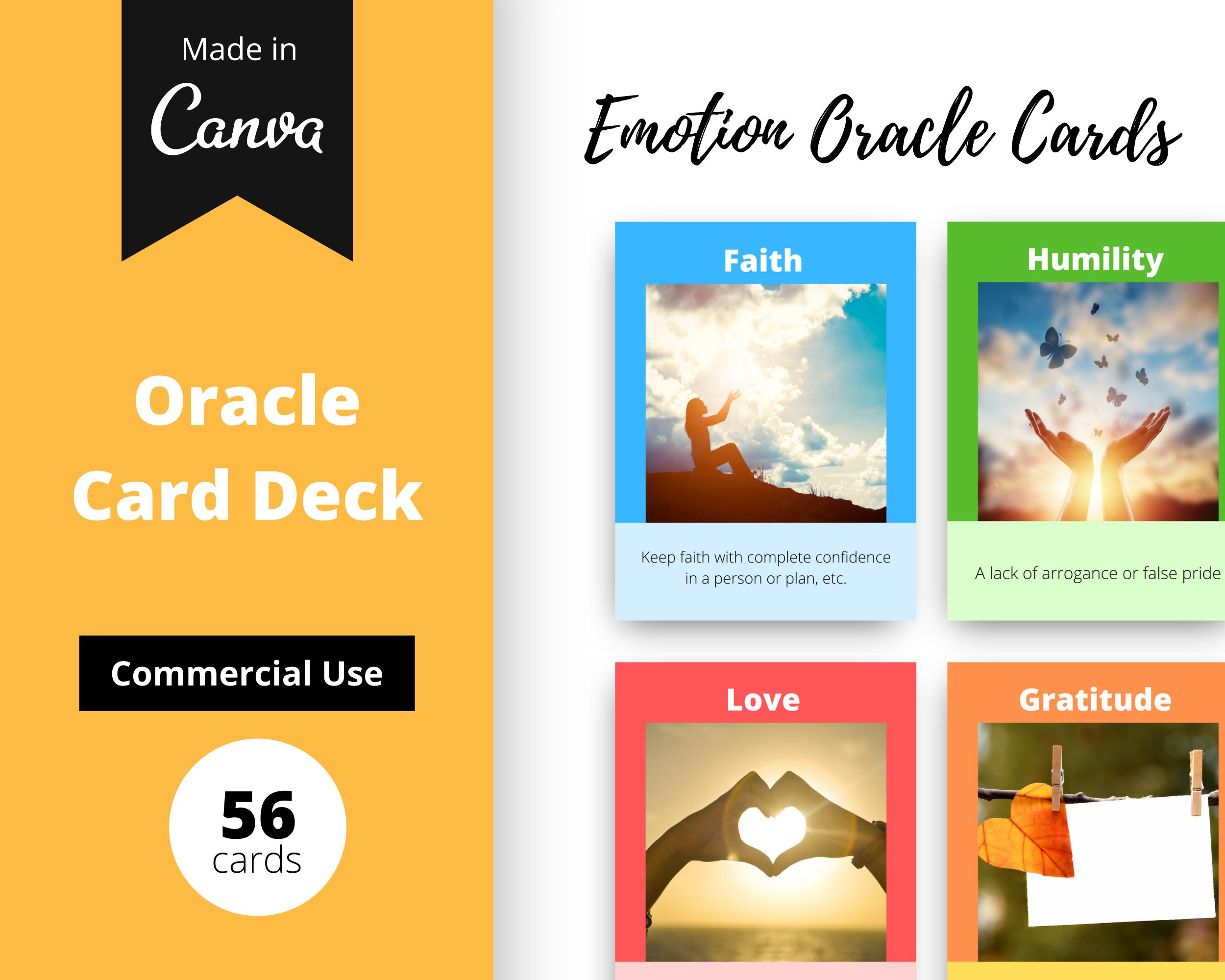 Emotion Oracle Card Deck | Editable 56 Card Deck in Canva | Size 3"x4" | Commercial Use