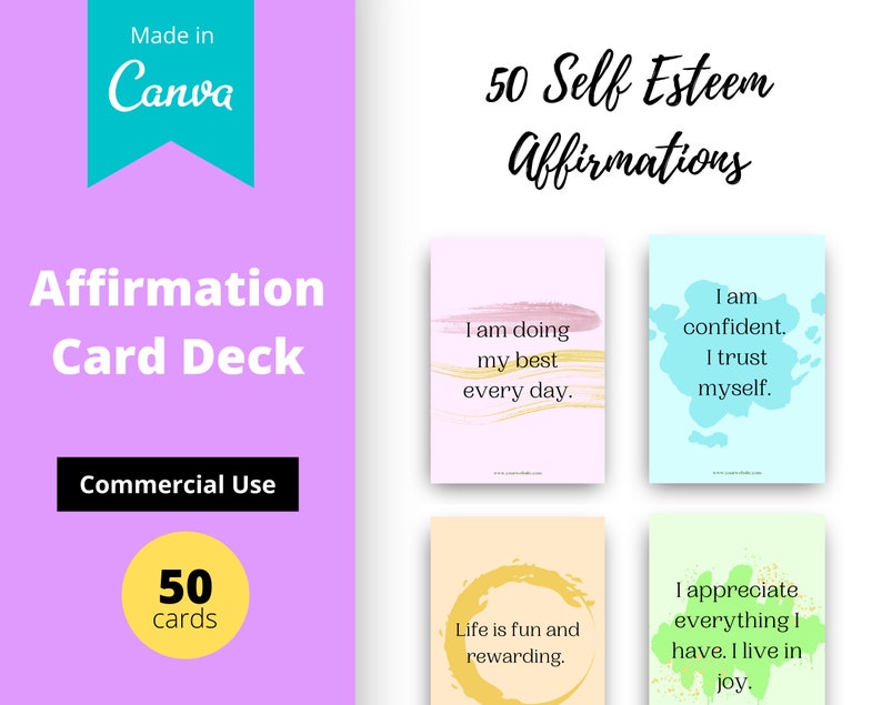 Self Esteem Affirmation Card Deck | Editable 50 Card Deck in Canva | Commercial Use