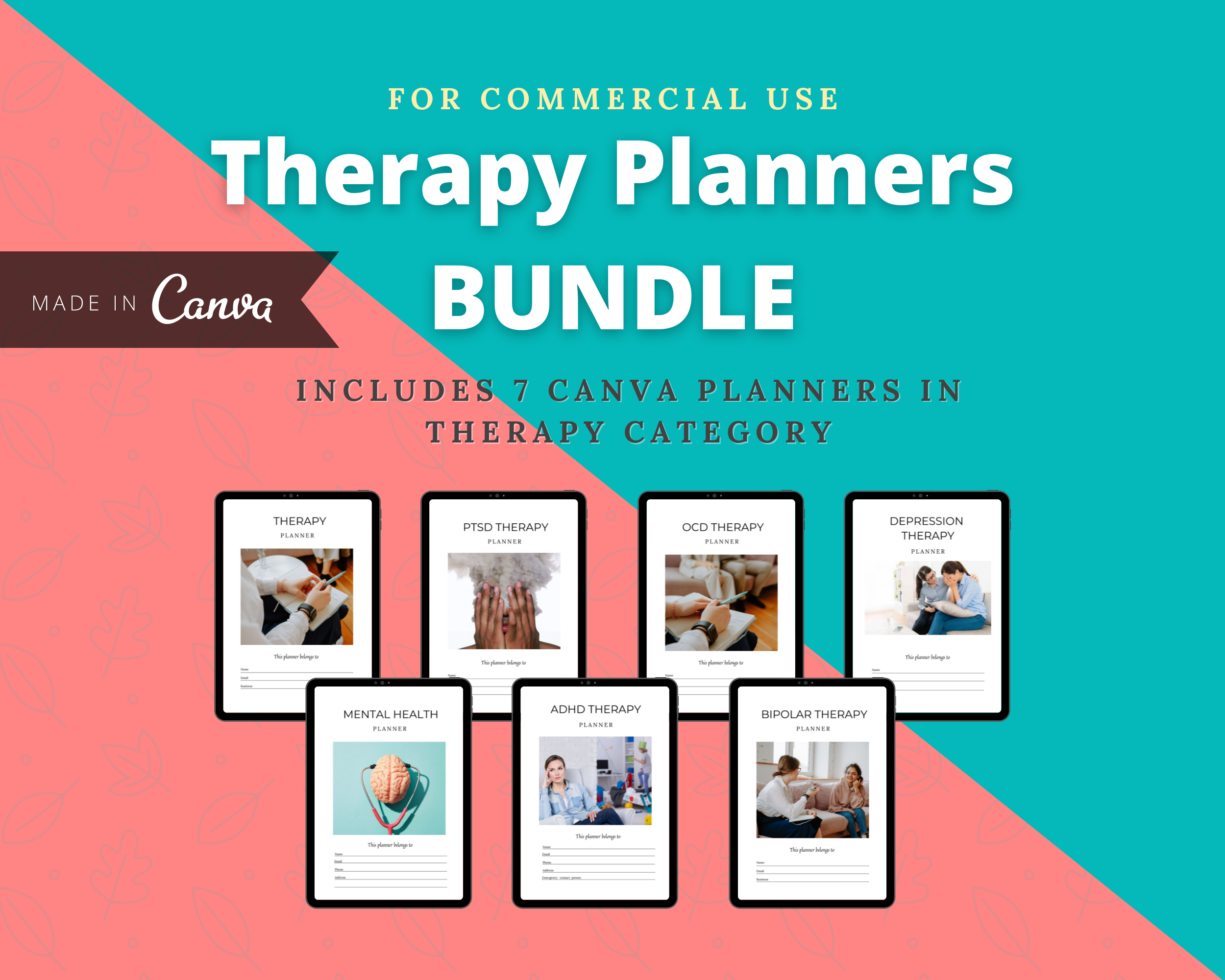 BUNDLE of 7 Therapy Planners in Canva | Customizable | Editable Canva Templates | Commercial Use | Therapy Planners