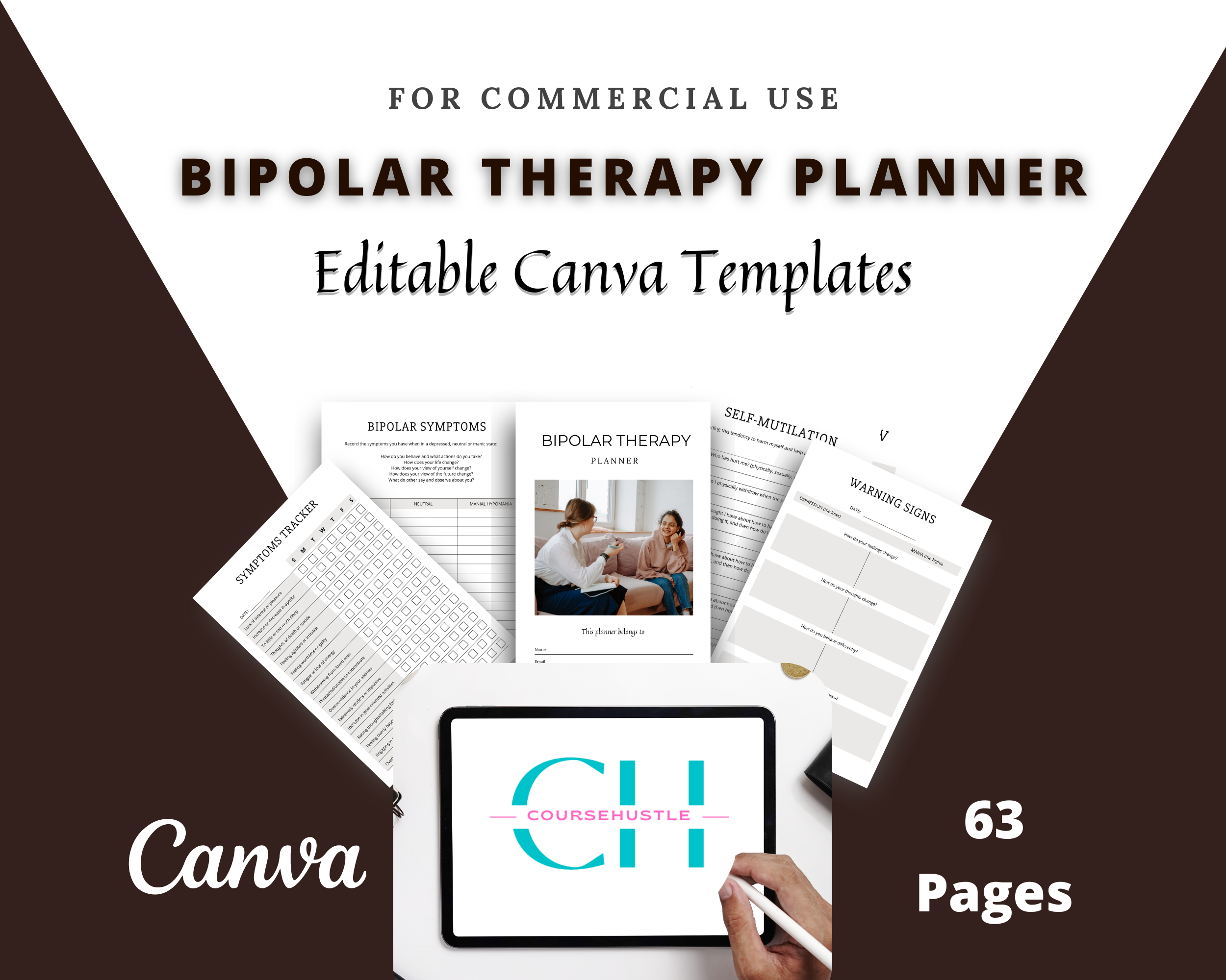 Editable Bipolar Therapy Planner in Canva | Commercial Use