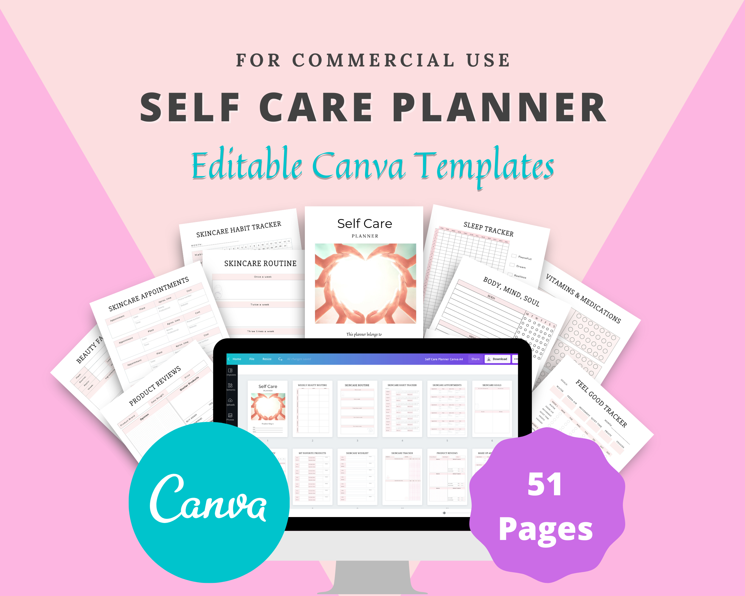 Editable Self Care Planner in Canva | Commercial Use