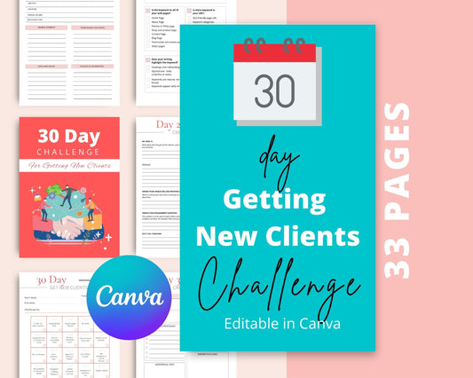 30 Day Getting New Clients Challenge | New Clients Planner | Editable Canva Template A4 Size