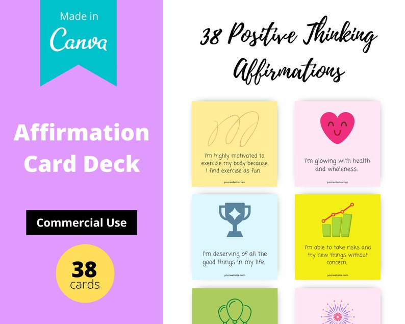 Positive Thinking Card Deck | Editable 38 Card Deck in Canva | Commercial Use