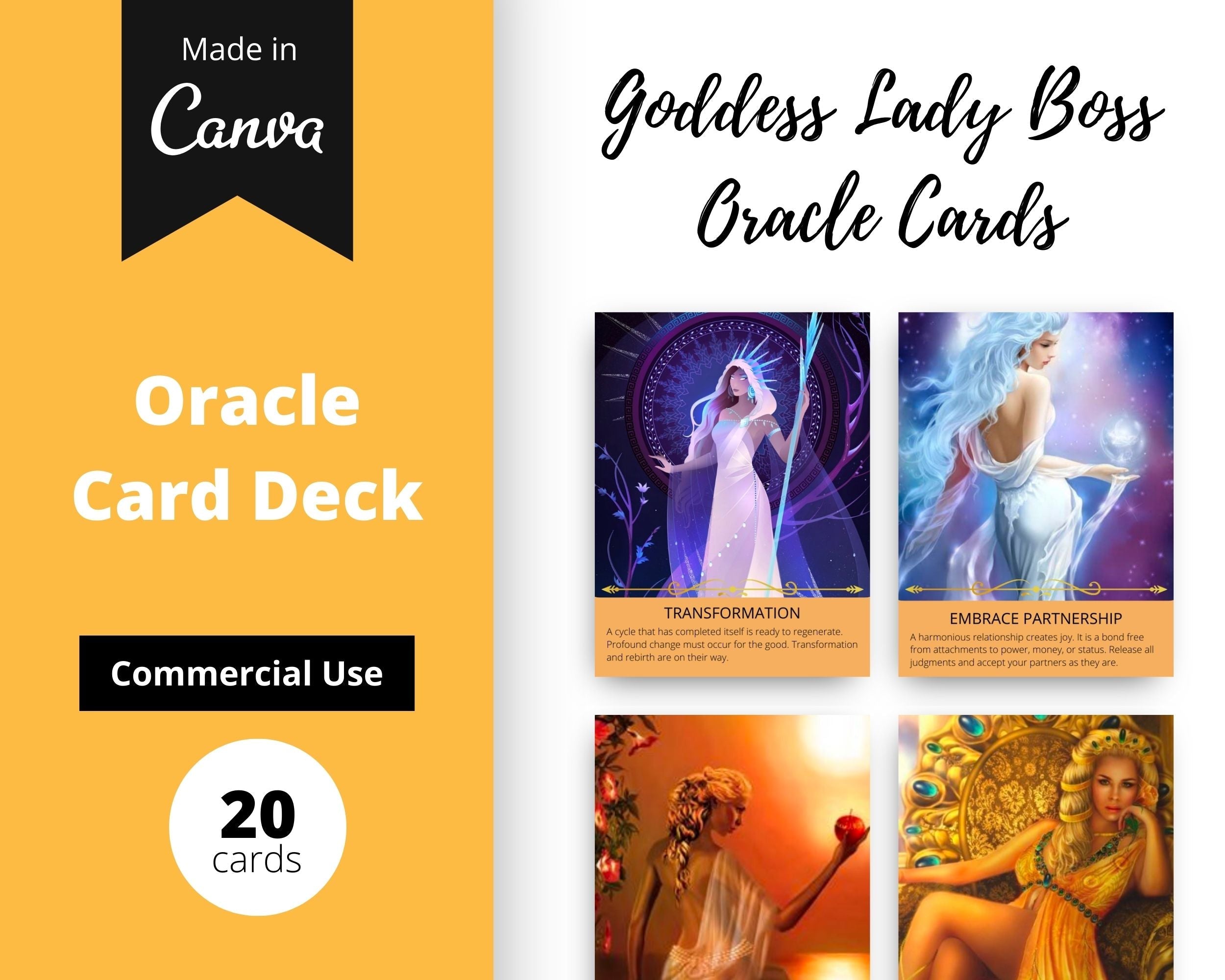 Goddess Lady Boss Oracle Card Deck | Editable 20 Card Deck in Canva | Size 2"x 2.7" | Commercial Use