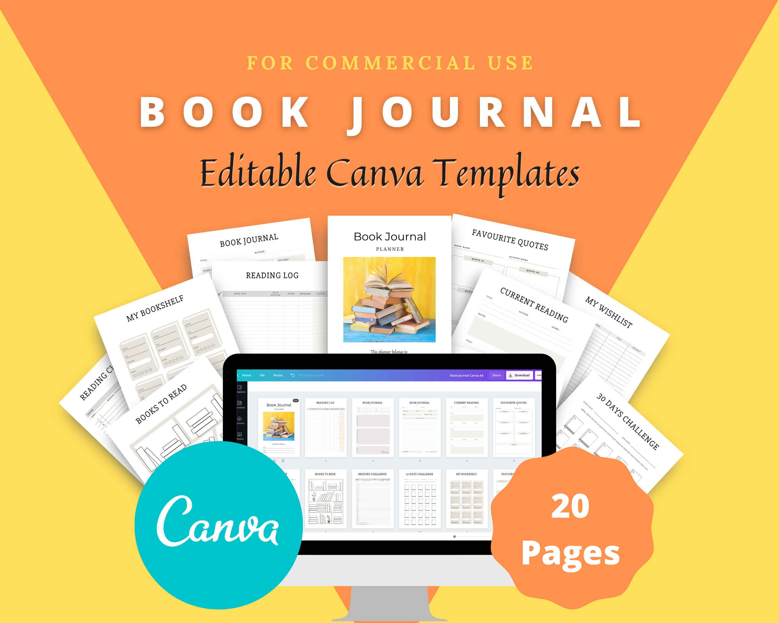 Editable Book Journal in Canva | Commercial Use