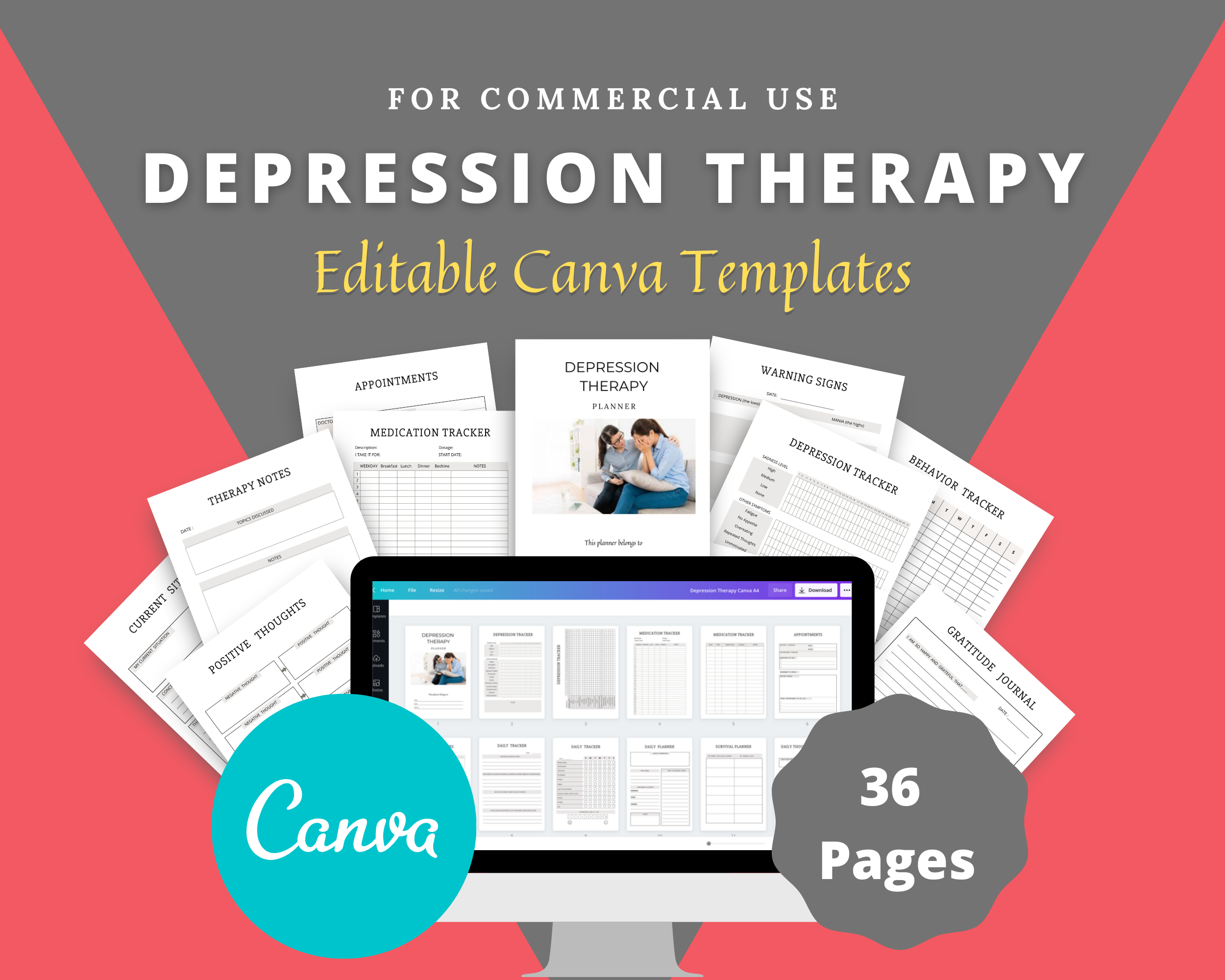 Editable Depression Therapy Planner in Canva | Commercial Use