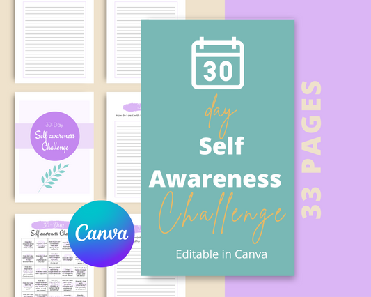 30-Day Self Awareness Challenge | Editable Canva Template A4 Size