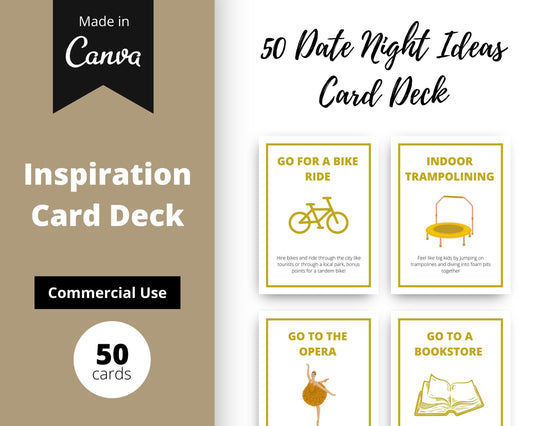 50 Date Night Ideas Cards | Canva Inspirational Cards | Commercial Use