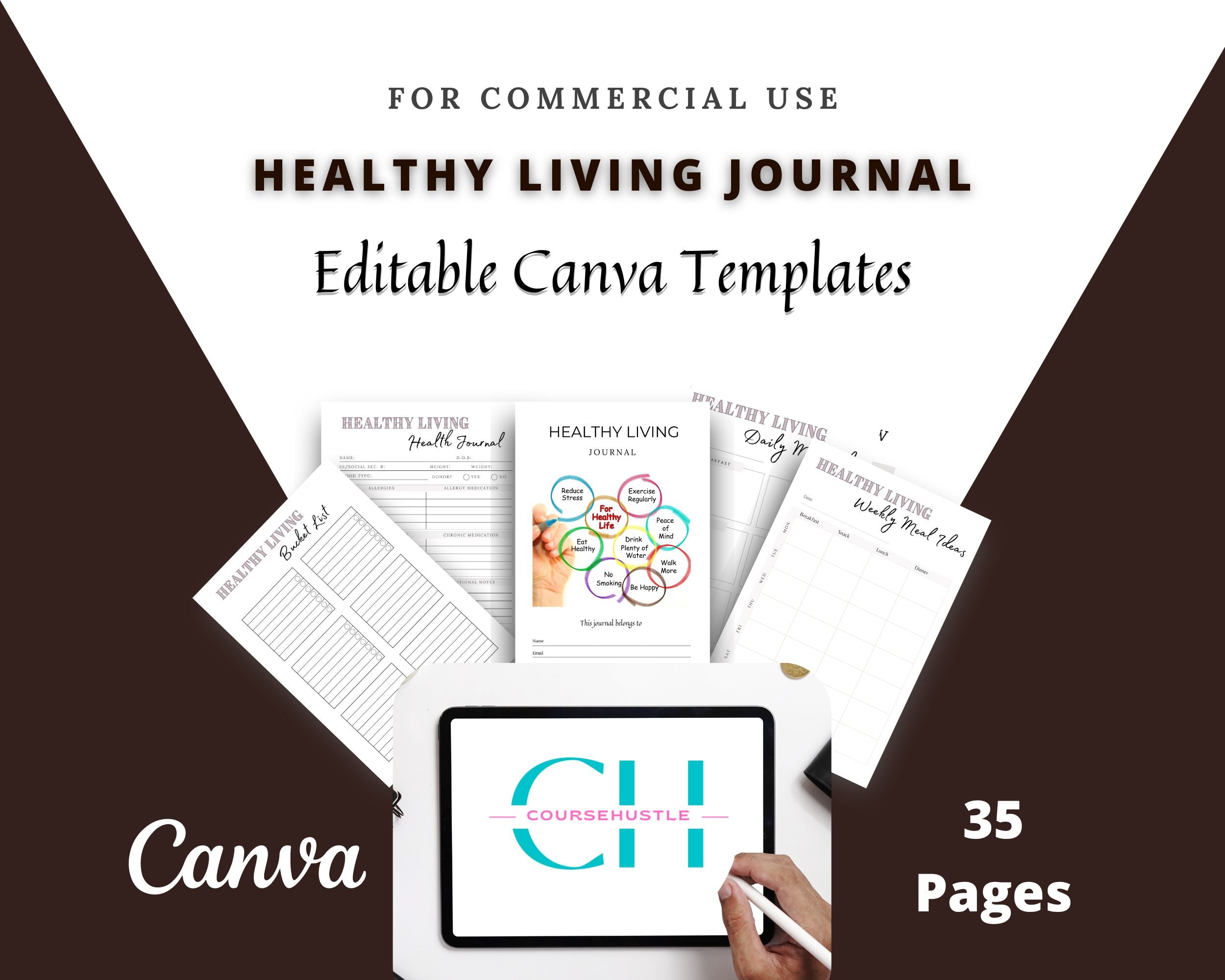 Healthy Living Journal in Canva | Canva Template Pack | Healthy Living Planner Template | Commercial Use