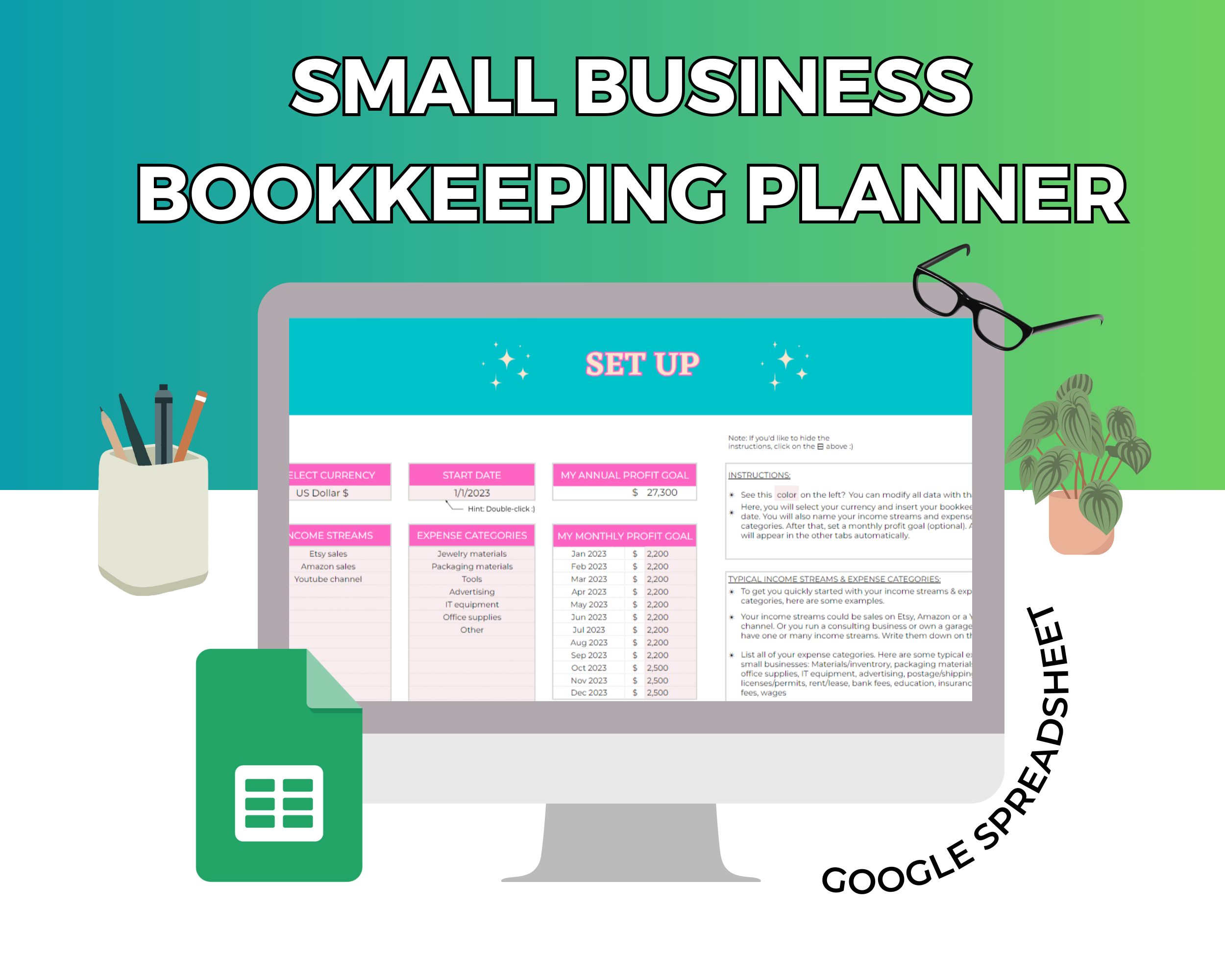 Small Business Bookkeeping Planner Google Spreadsheet | Simple Small Business Bookkeeping Planner Google Sheets