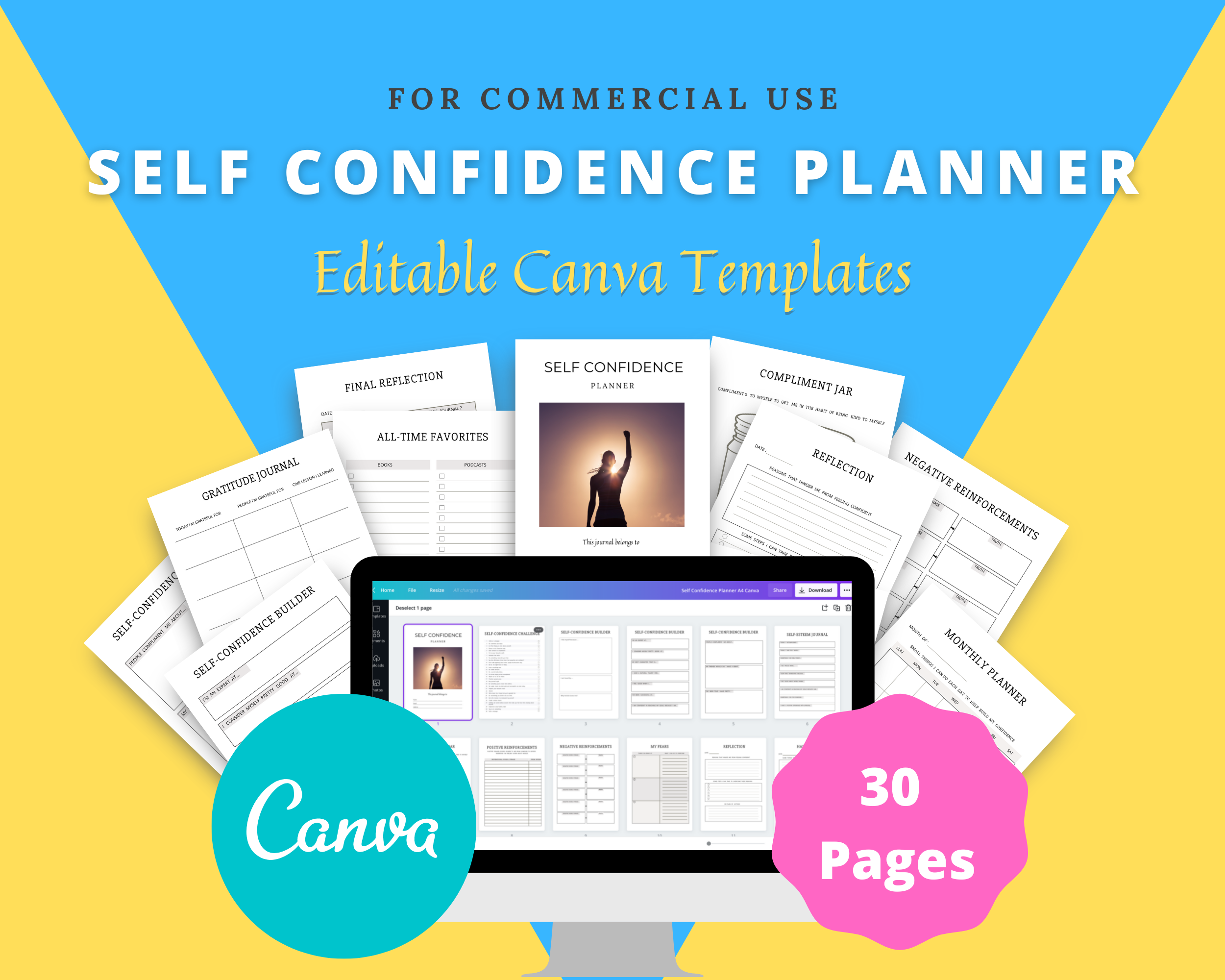 Editable Self Confidence Planner Templates in Canva | Commercial Use